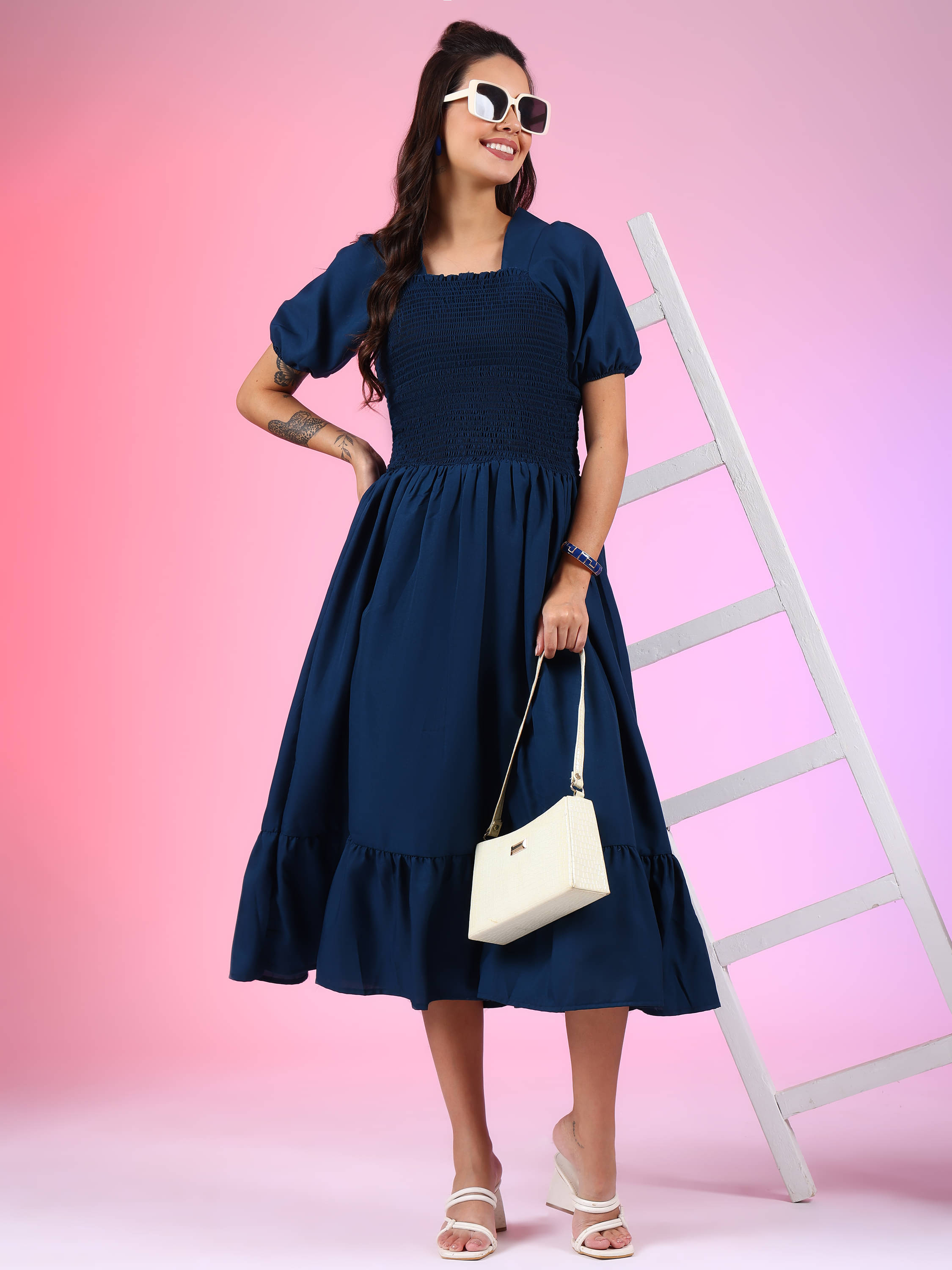 JASH CREATION Polyester Solid Midi Women's Fit & Flare Dress - Blue ( Pack of 1 ) JASH CREATION Polyester Solid Midi Women's Fit & Flare Dress - Blue ( Pack of 1 )