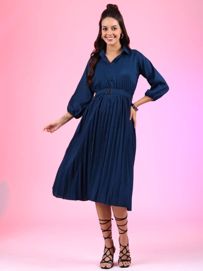 JASH CREATION Women Polyester Solid Fit & Flare Dress ( Blue ) JASH CREATION Women Polyester Solid Fit & Flare Dress ( Blue )
