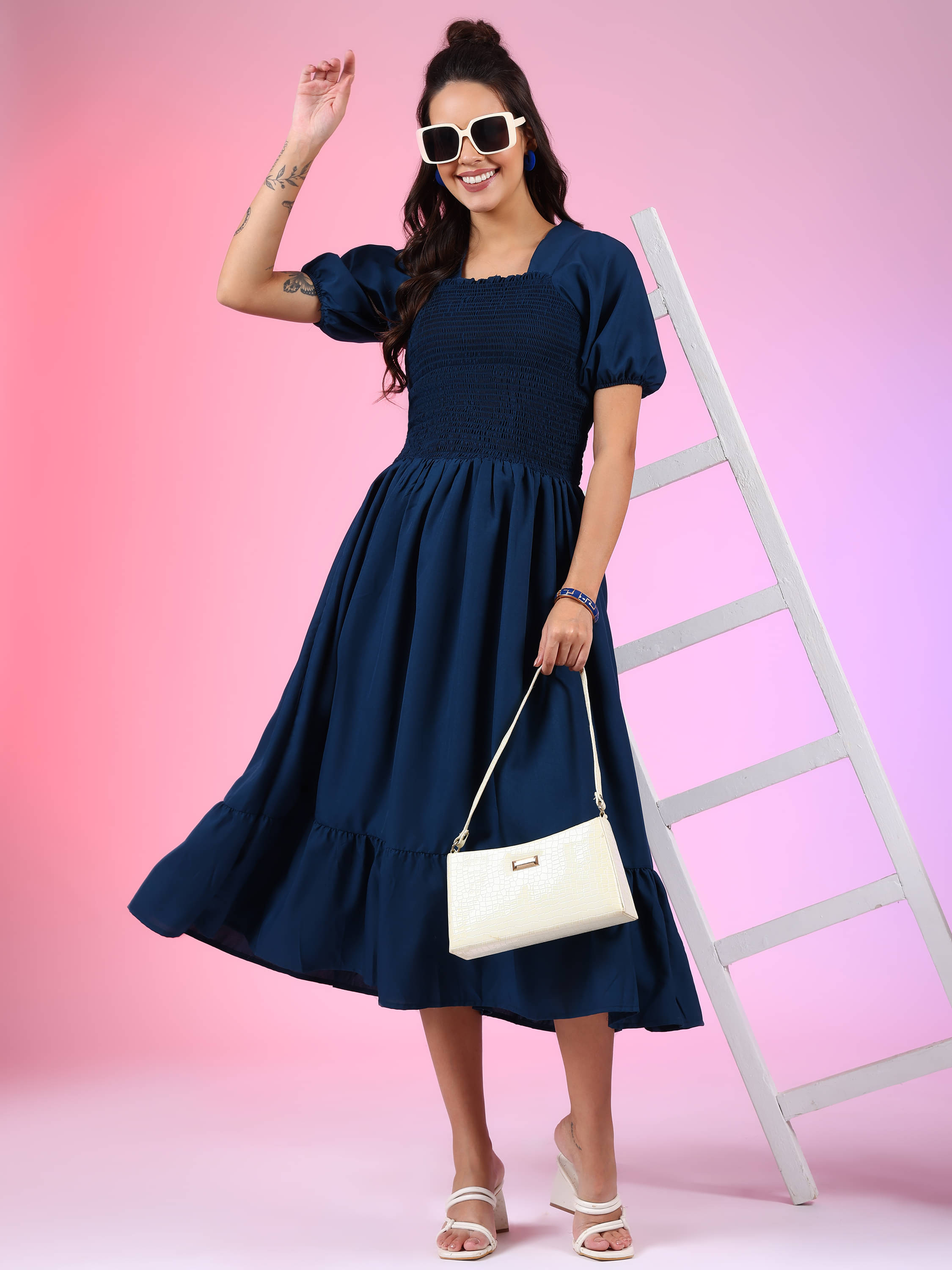 JASH CREATION Polyester Solid Midi Women's Fit & Flare Dress - Blue ( Pack of 1 ) JASH CREATION Polyester Solid Midi Women's Fit & Flare Dress - Blue ( Pack of 1 )