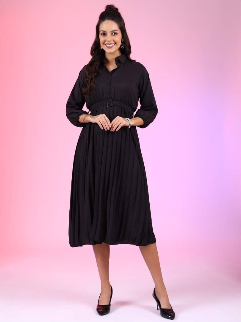 JASH CREATION Women Polyester Solid Fit & Flare Dress ( Black ) JASH CREATION Women Polyester Solid Fit & Flare Dress ( Black )