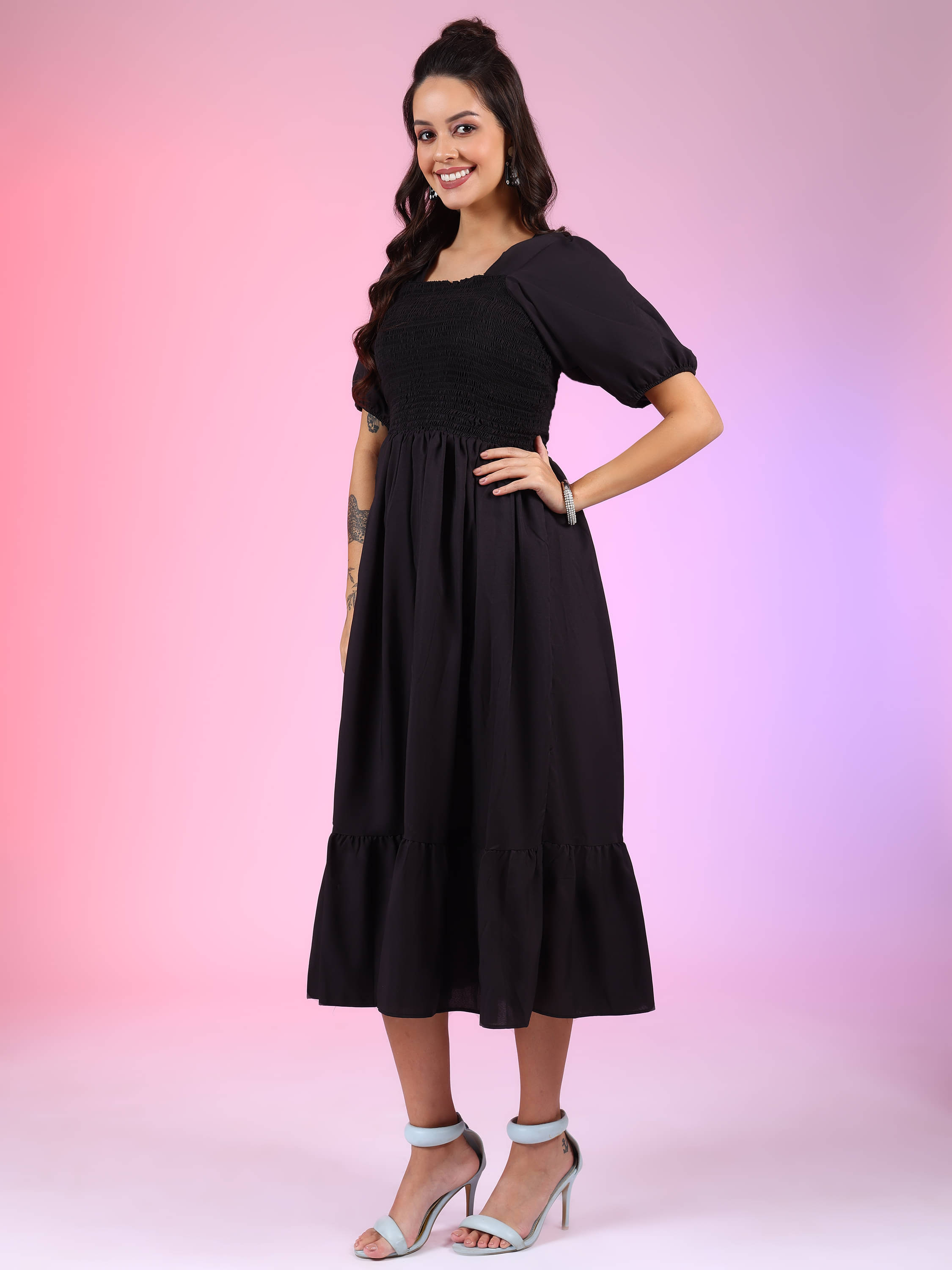 JASH CREATION Polyester Solid Midi Women's Fit & Flare Dress - Black ( Pack of 1 ) JASH CREATION Polyester Solid Midi Women's Fit & Flare Dress - Black ( Pack of 1 )