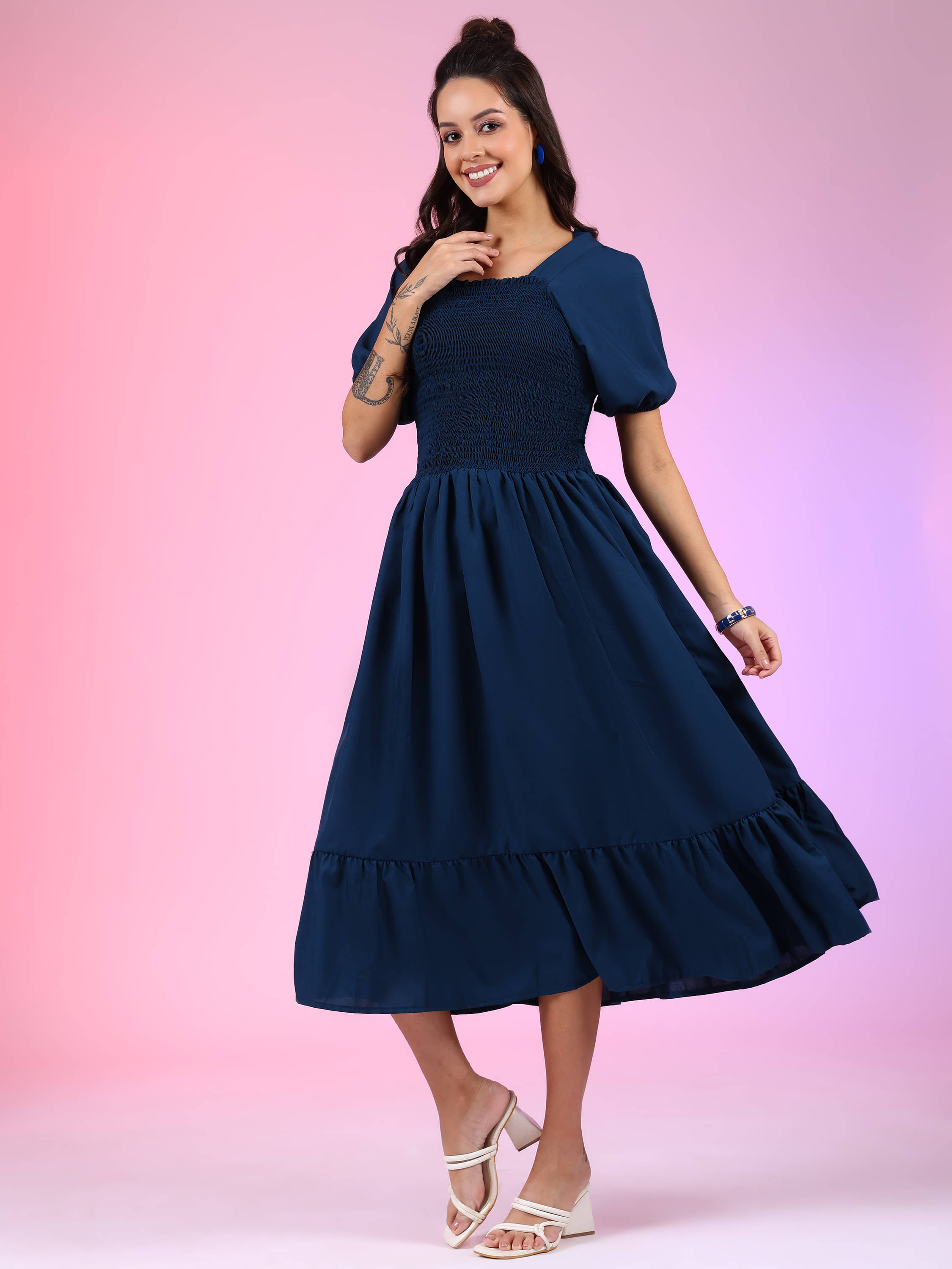 JASH CREATION Polyester Solid Midi Women's Fit & Flare Dress - Blue ( Pack of 1 ) JASH CREATION Polyester Solid Midi Women's Fit & Flare Dress - Blue ( Pack of 1 )
