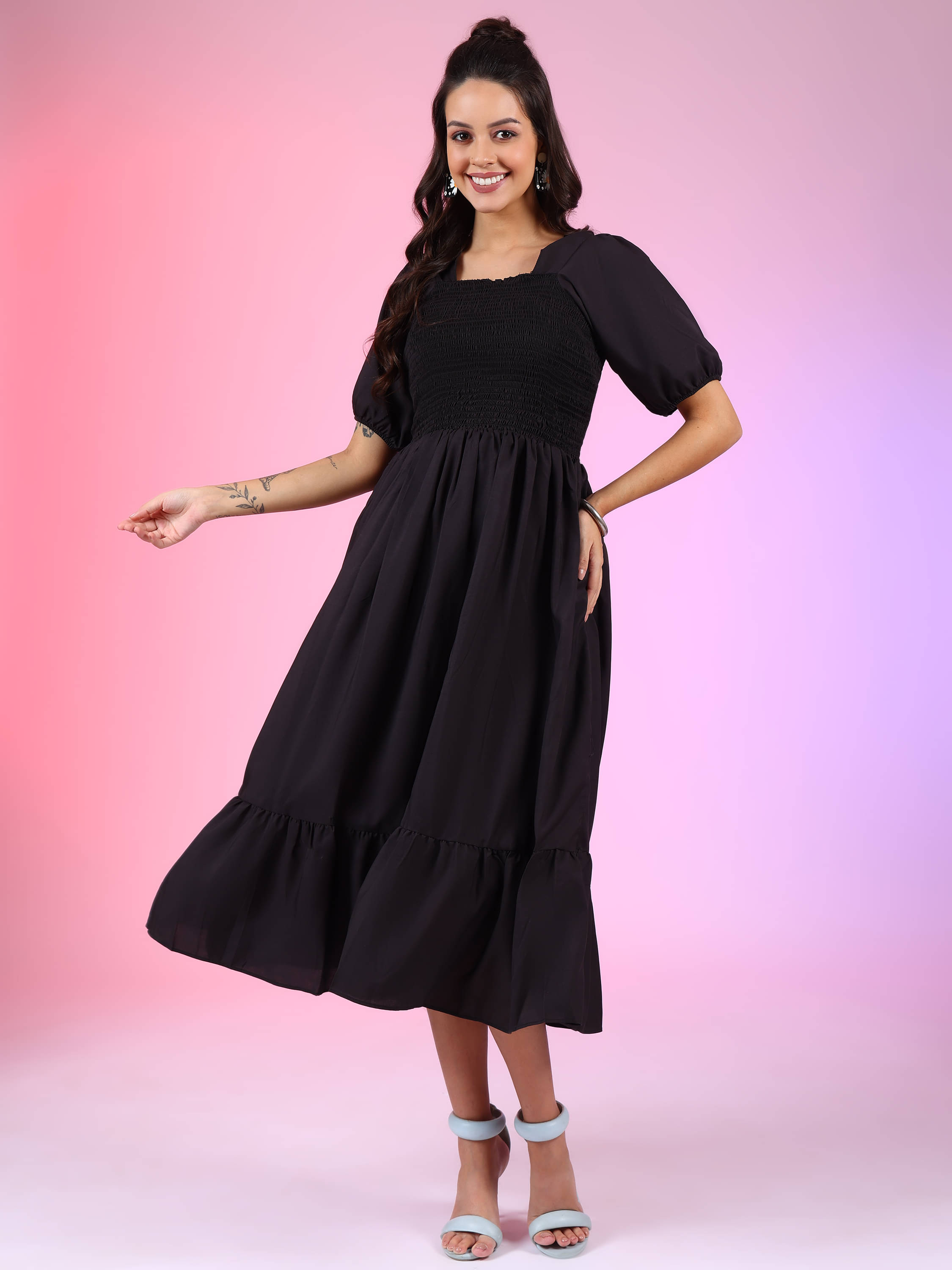 JASH CREATION Women Polyester Solid Fit & Flare Dress ( Black ) JASH CREATION Women Polyester Solid Fit & Flare Dress ( Black )