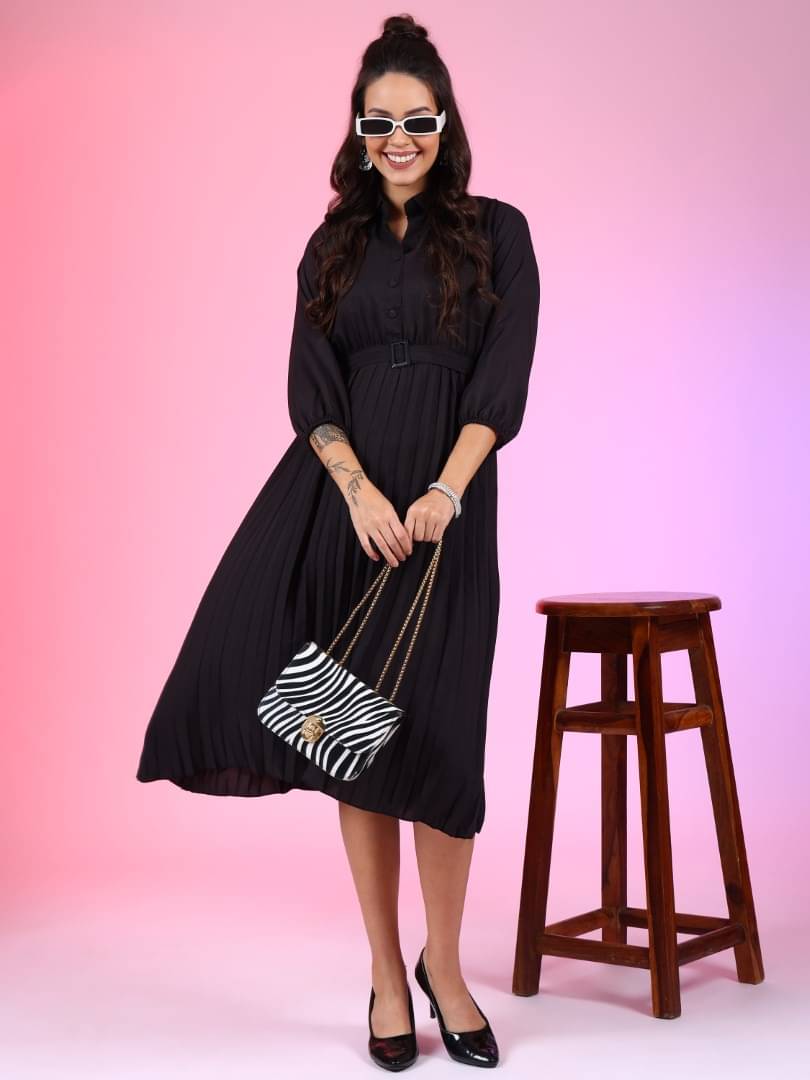 JASH CREATION Polyester Solid Midi Women's Fit & Flare Dress - Black ( Pack of 1 ) JASH CREATION Polyester Solid Midi Women's Fit & Flare Dress - Black ( Pack of 1 )
