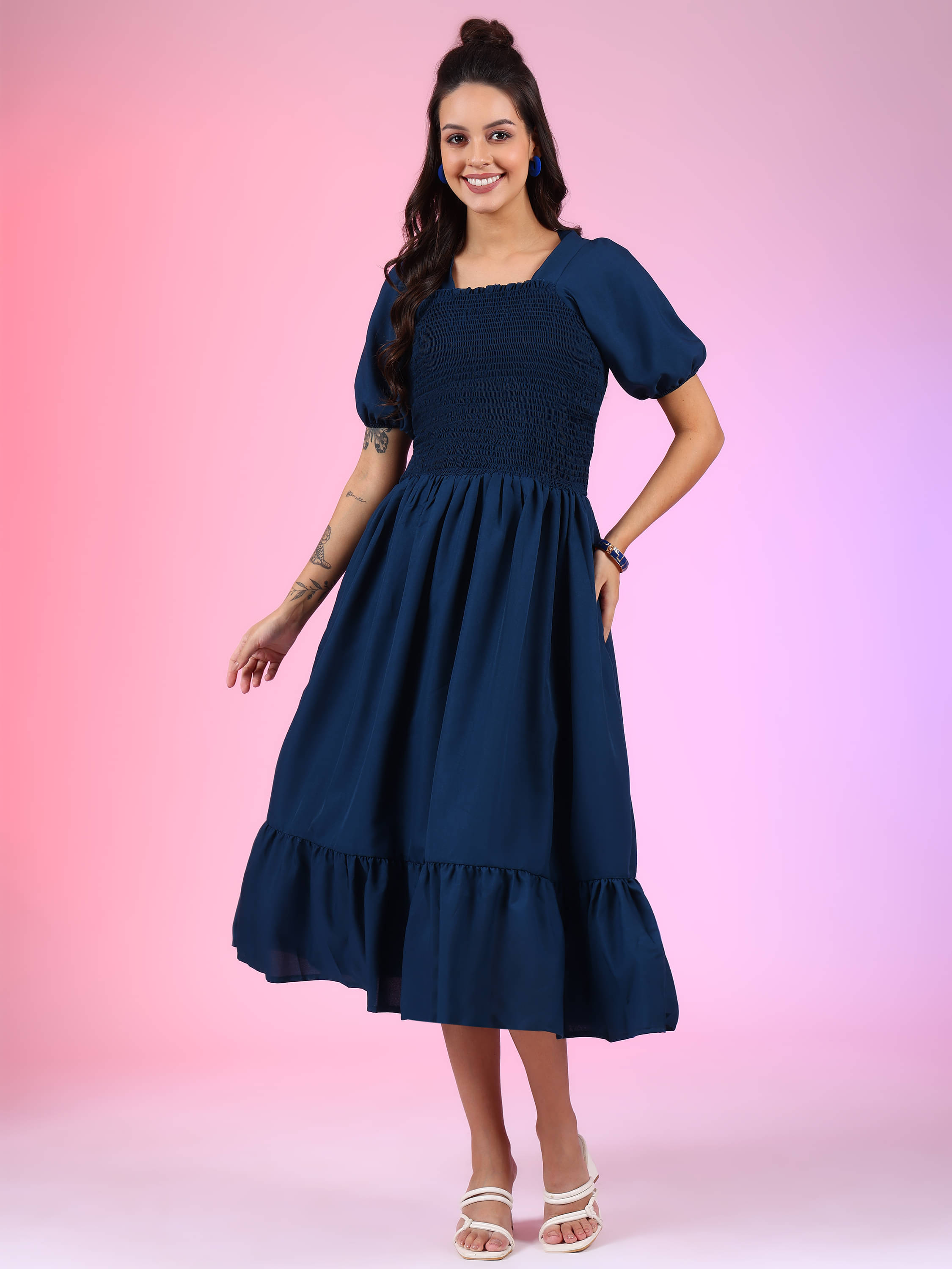 JASH CREATION Polyester Solid Midi Women's Fit & Flare Dress - Blue ( Pack of 1 ) JASH CREATION Polyester Solid Midi Women's Fit & Flare Dress - Blue ( Pack of 1 )