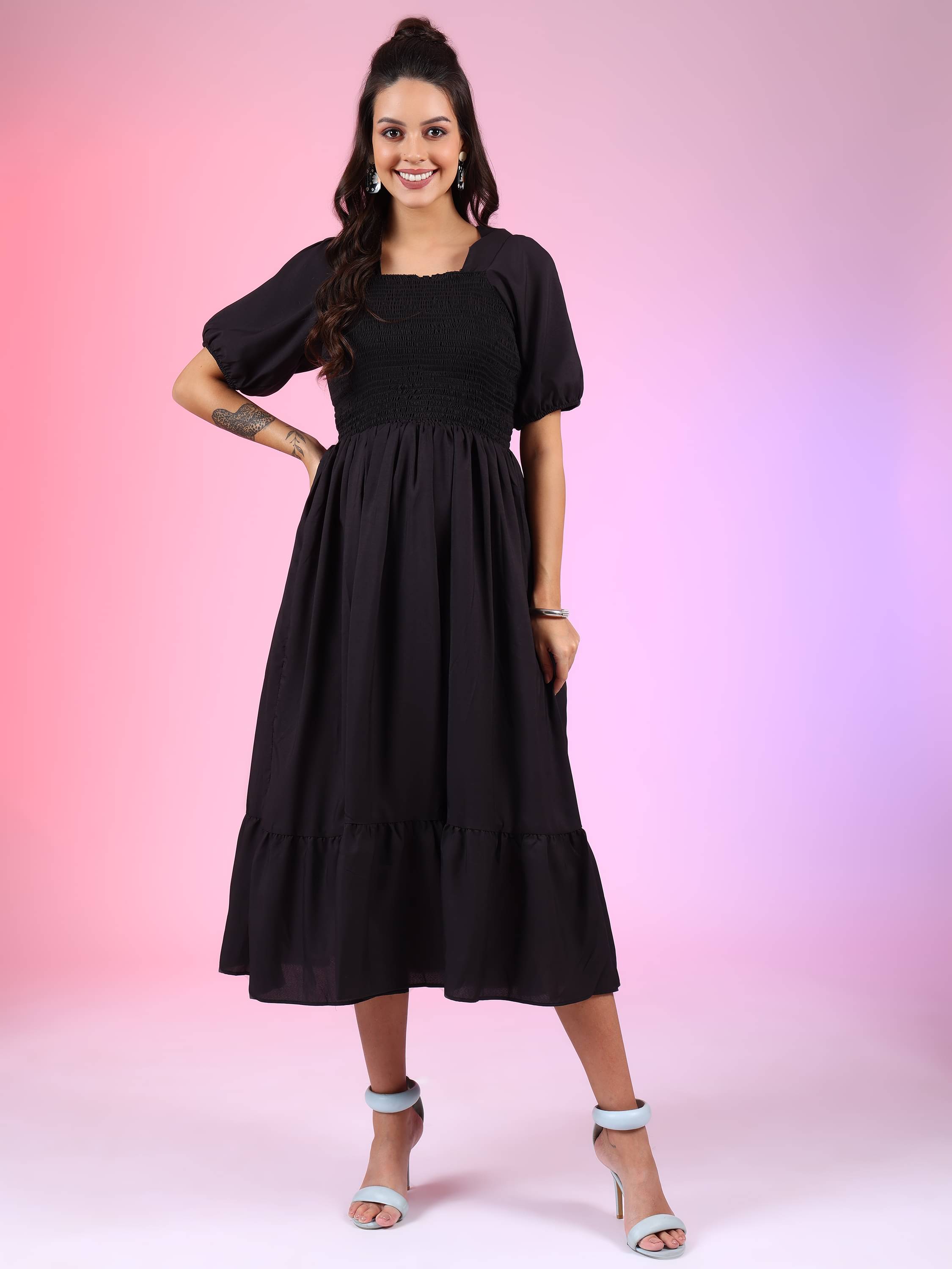 JASH CREATION Polyester Solid Midi Women's Fit & Flare Dress - Black ( Pack of 1 ) JASH CREATION Polyester Solid Midi Women's Fit & Flare Dress - Black ( Pack of 1 )