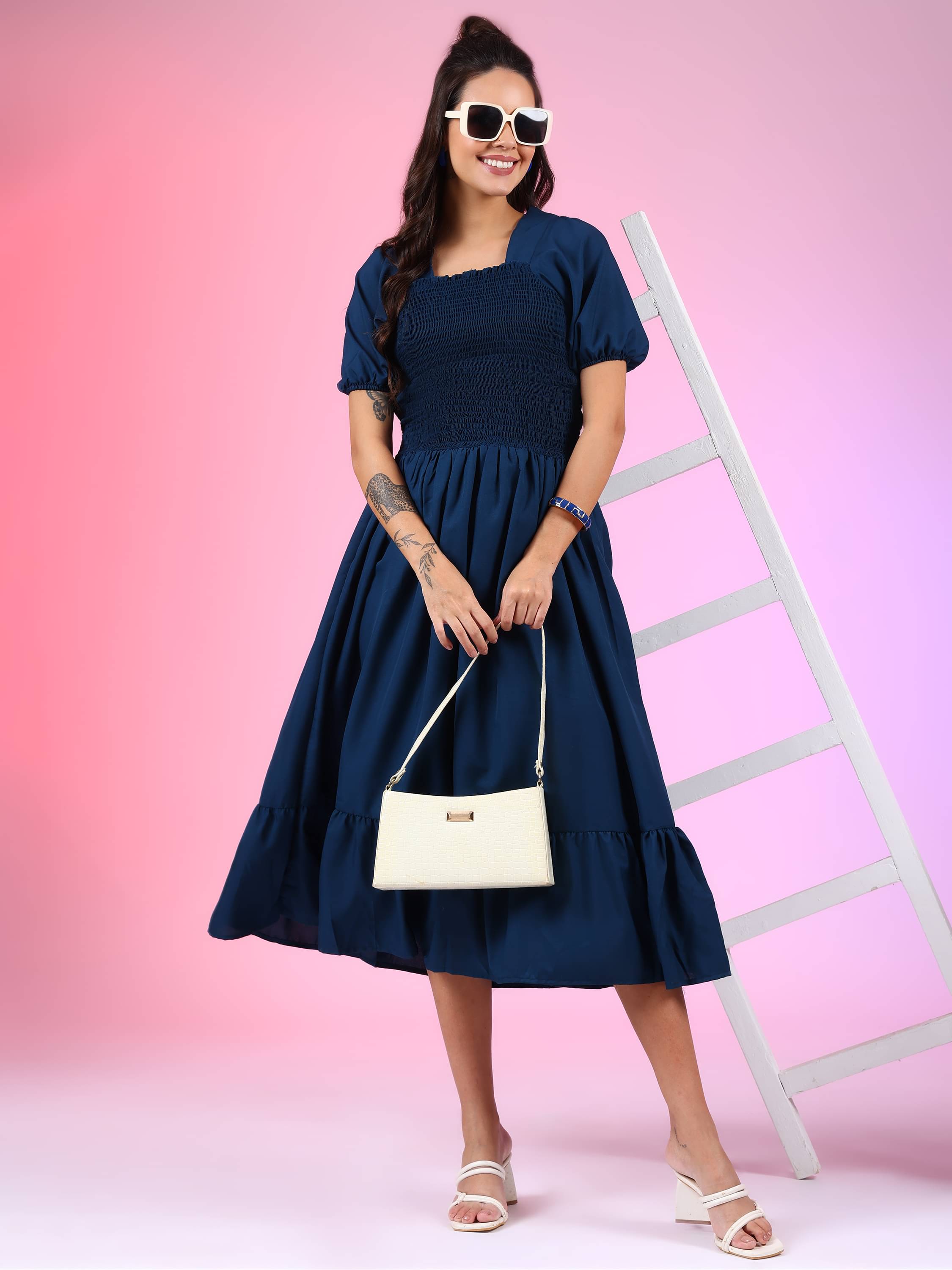 JASH CREATION Polyester Solid Midi Women's Fit & Flare Dress - Blue ( Pack of 1 ) JASH CREATION Polyester Solid Midi Women's Fit & Flare Dress - Blue ( Pack of 1 )