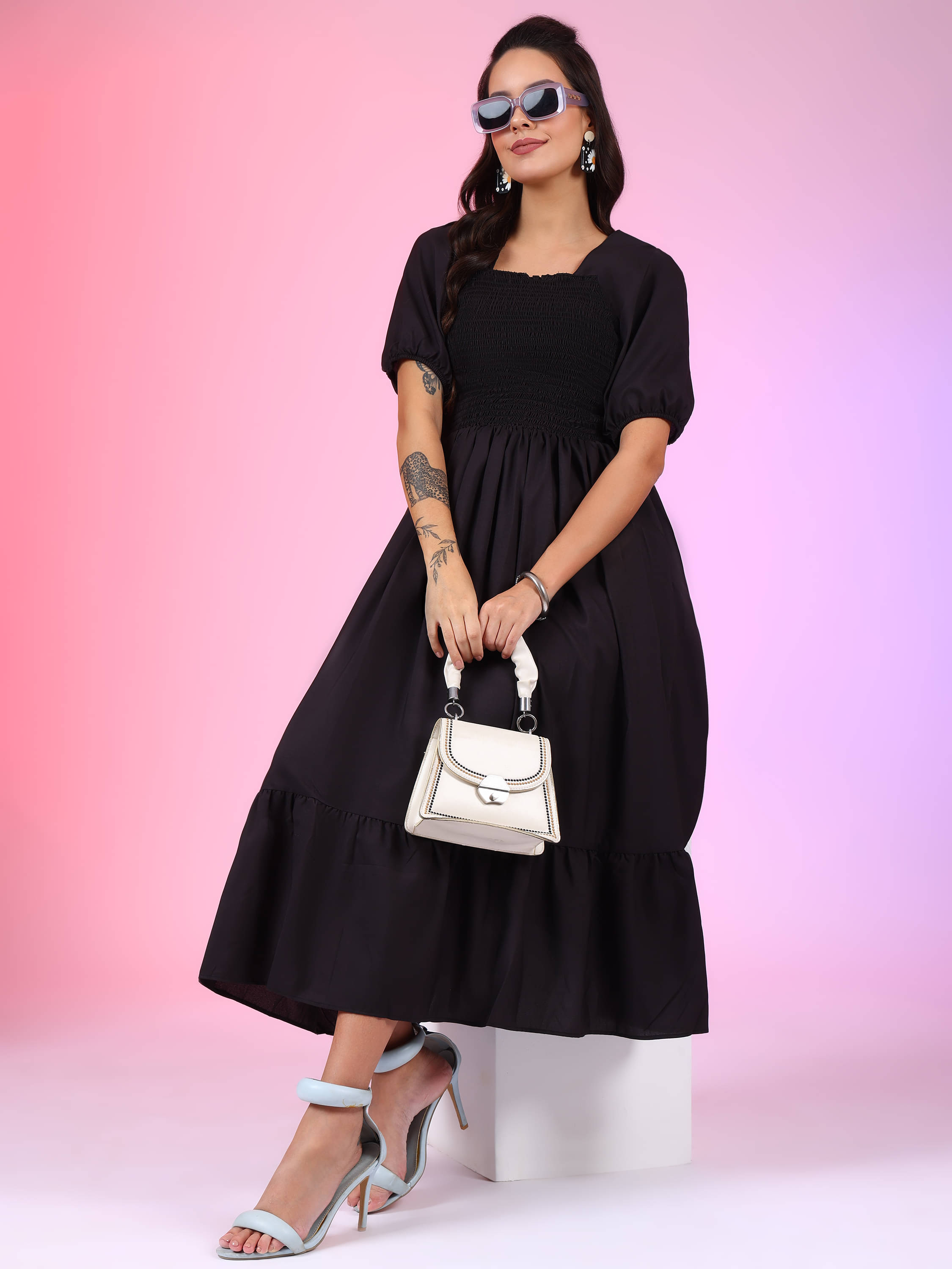 JASH CREATION Polyester Solid Midi Women's Fit & Flare Dress - Black ( Pack of 1 ) JASH CREATION Polyester Solid Midi Women's Fit & Flare Dress - Black ( Pack of 1 )