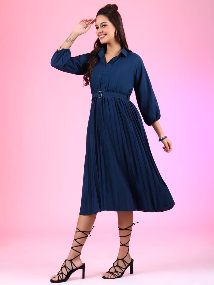 JASH CREATION Polyester Solid Midi Women's Fit & Flare Dress - Blue ( Pack of 1 ) JASH CREATION Polyester Solid Midi Women's Fit & Flare Dress - Blue ( Pack of 1 )
