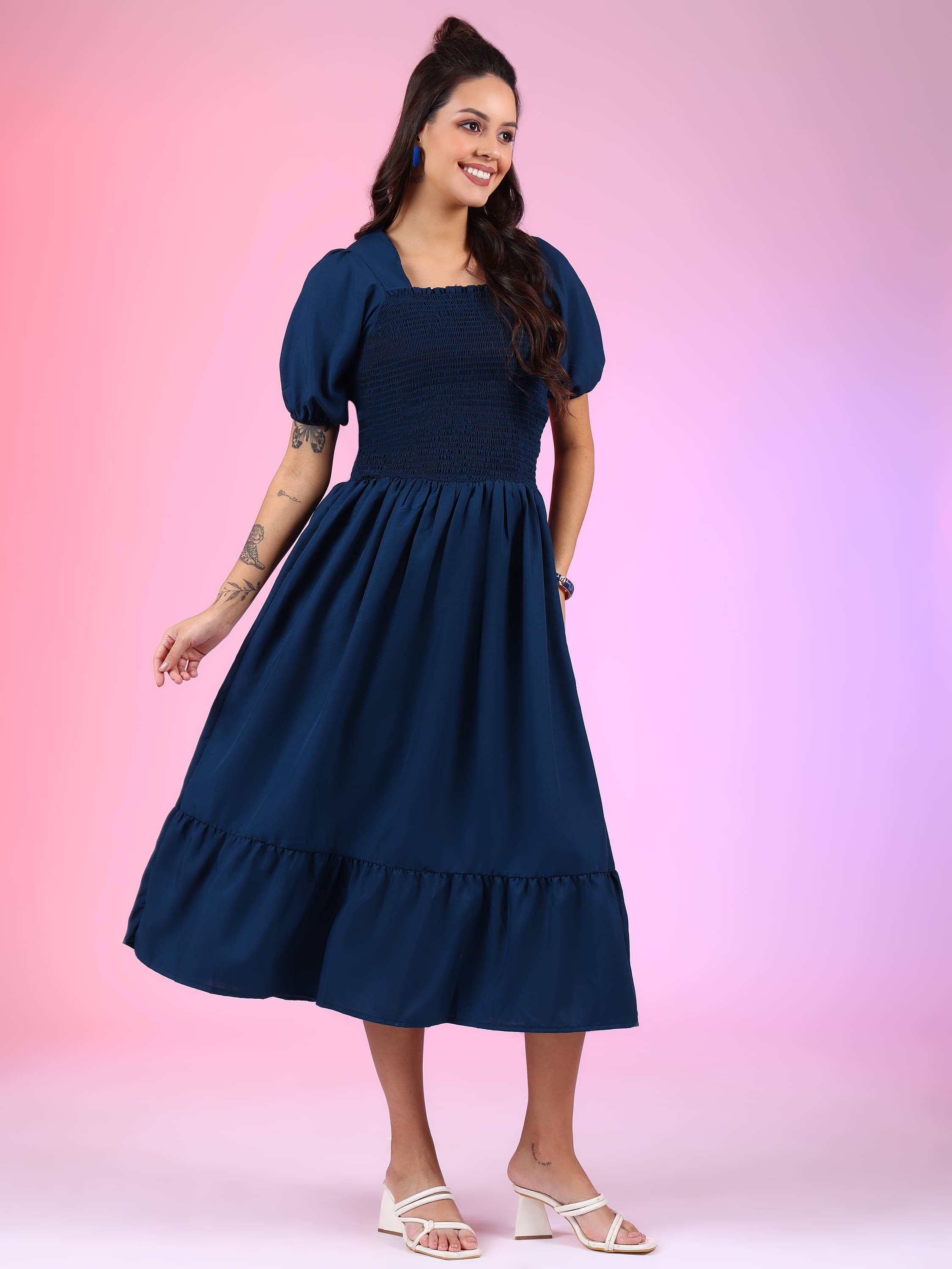 JASH CREATION Polyester Solid Midi Women's Fit & Flare Dress - Blue ( Pack of 1 ) JASH CREATION Polyester Solid Midi Women's Fit & Flare Dress - Blue ( Pack of 1 )