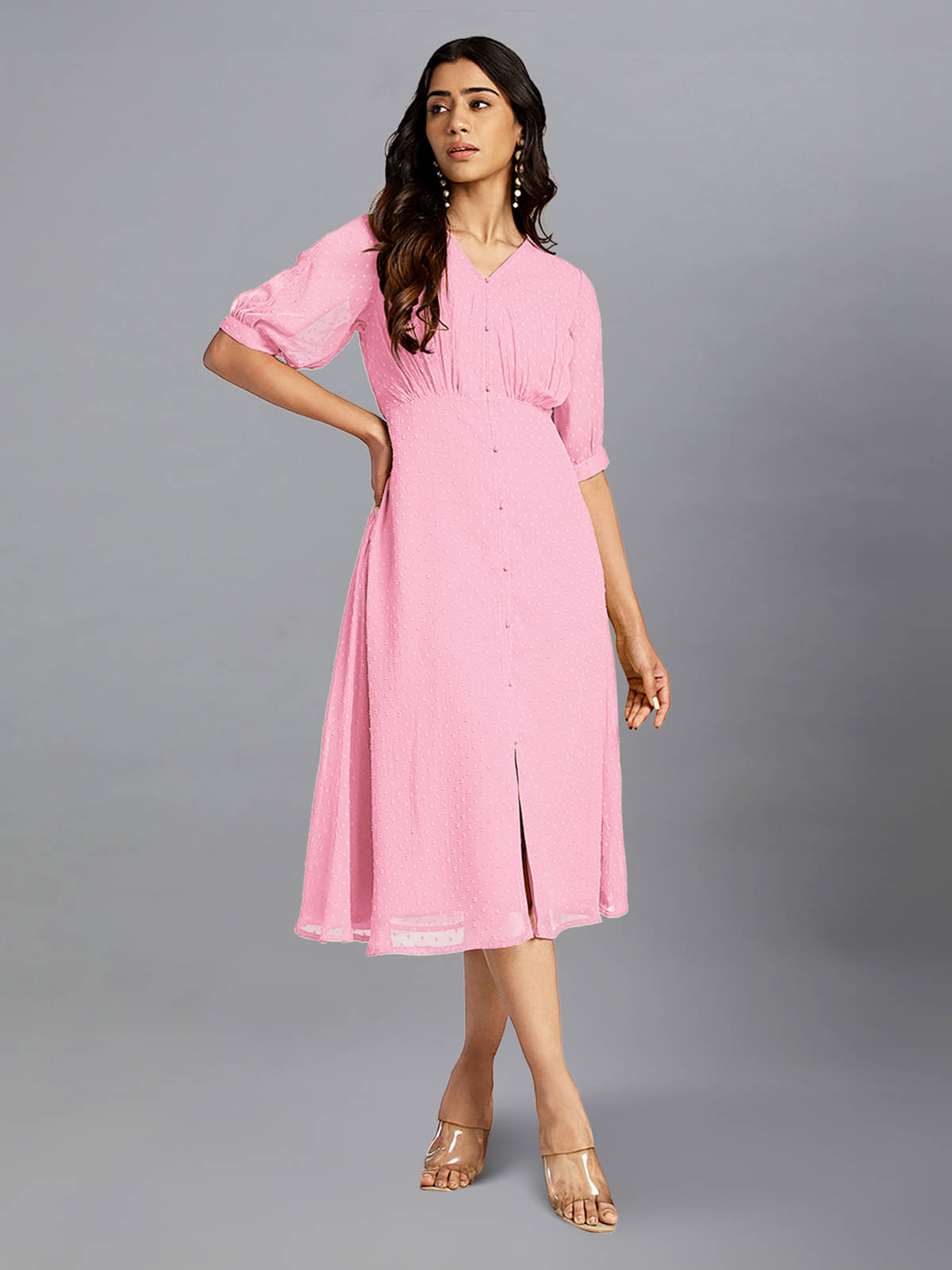     			Janasya Women Chiffon Self Design Fit & Flare Dress ( Pink )