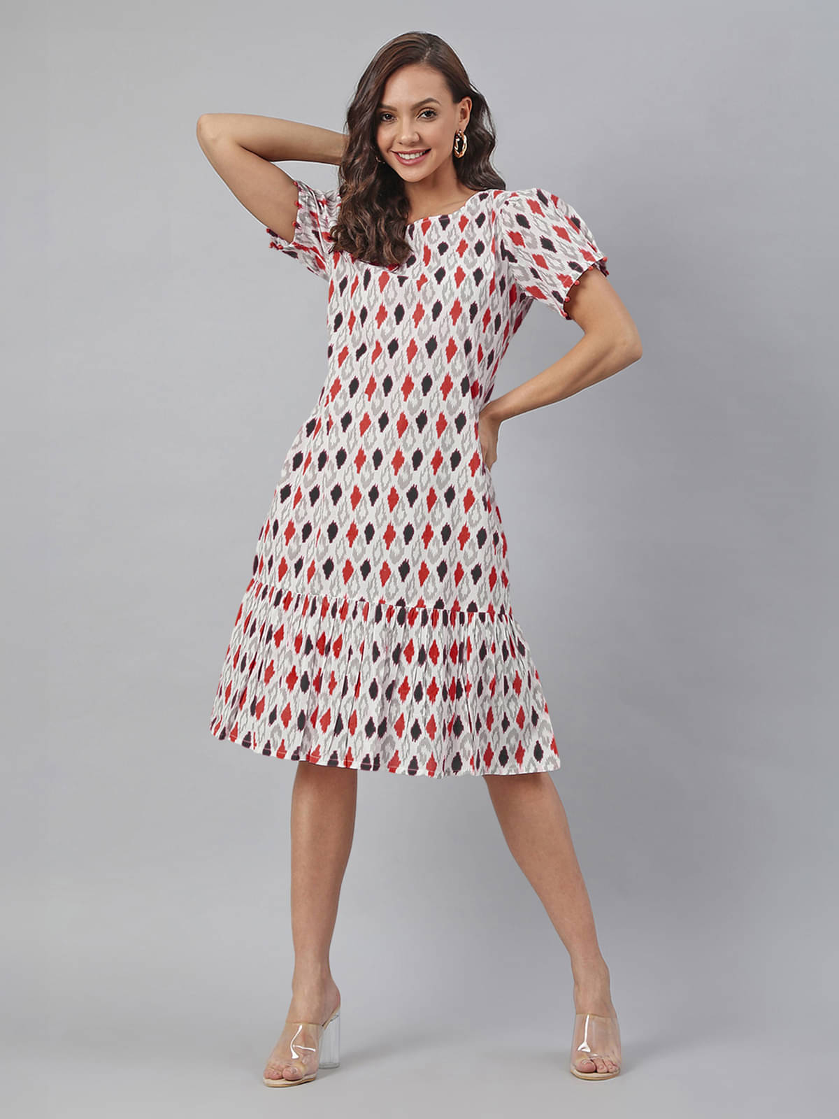     			Janasya Women Cotton Printed A-line Dress ( Red )