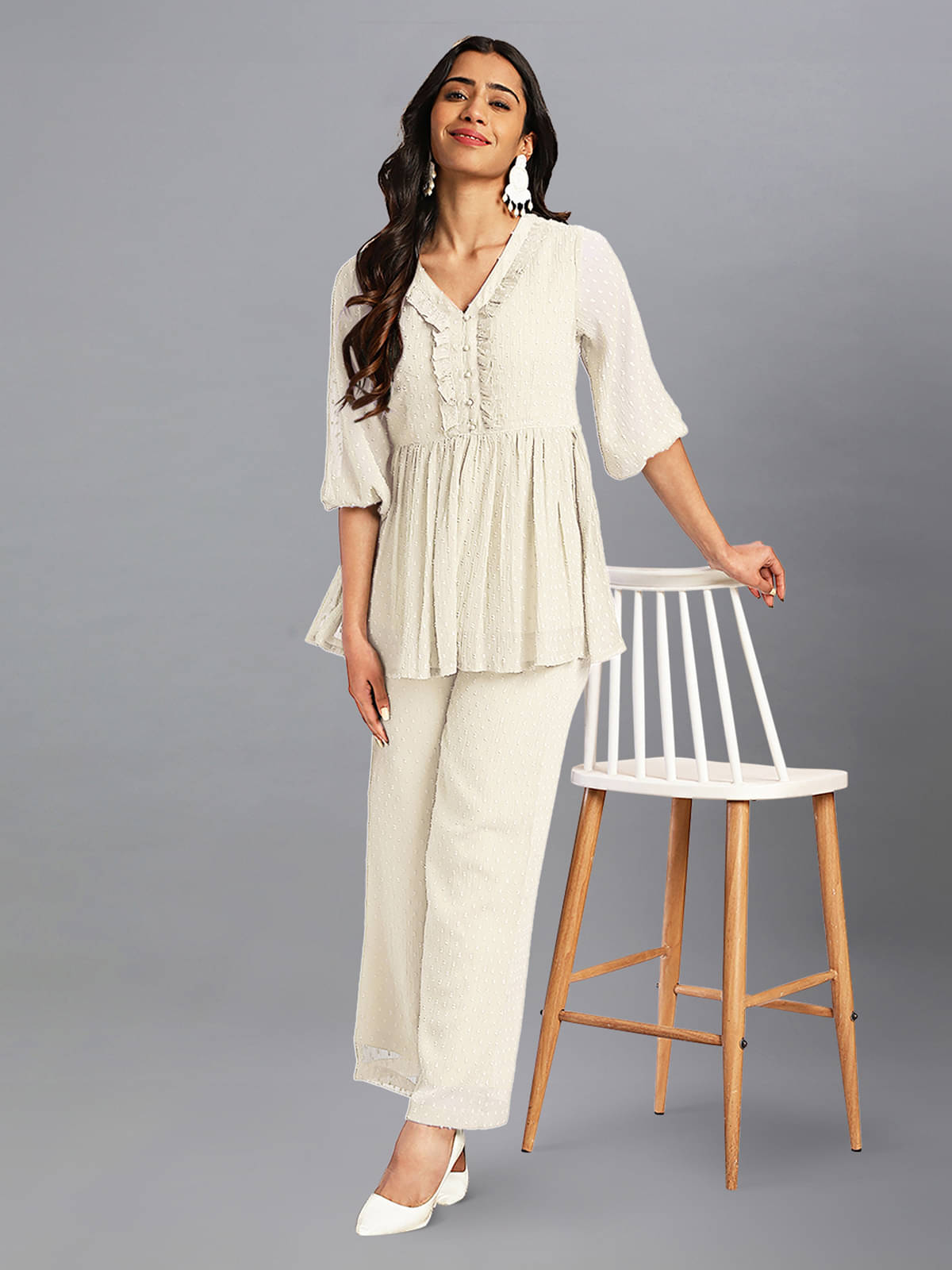     			Janasya Women Self Design Top With Trousers Co-Ord Set ( Off White )