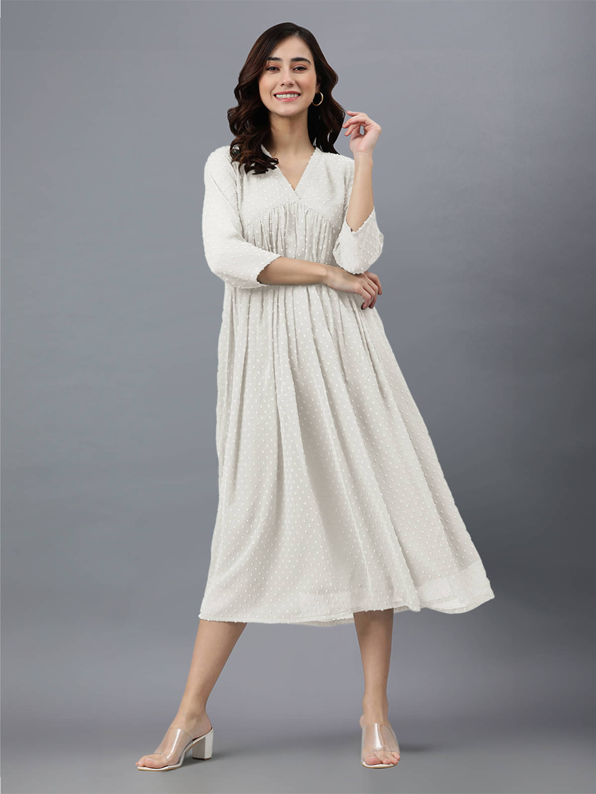 Janasya Pack of 1 Chiffon Self Design Flared Women's Kurti - ( Off White ) Janasya Pack of 1 Chiffon Self Design Flared Women's Kurti - ( Off White )