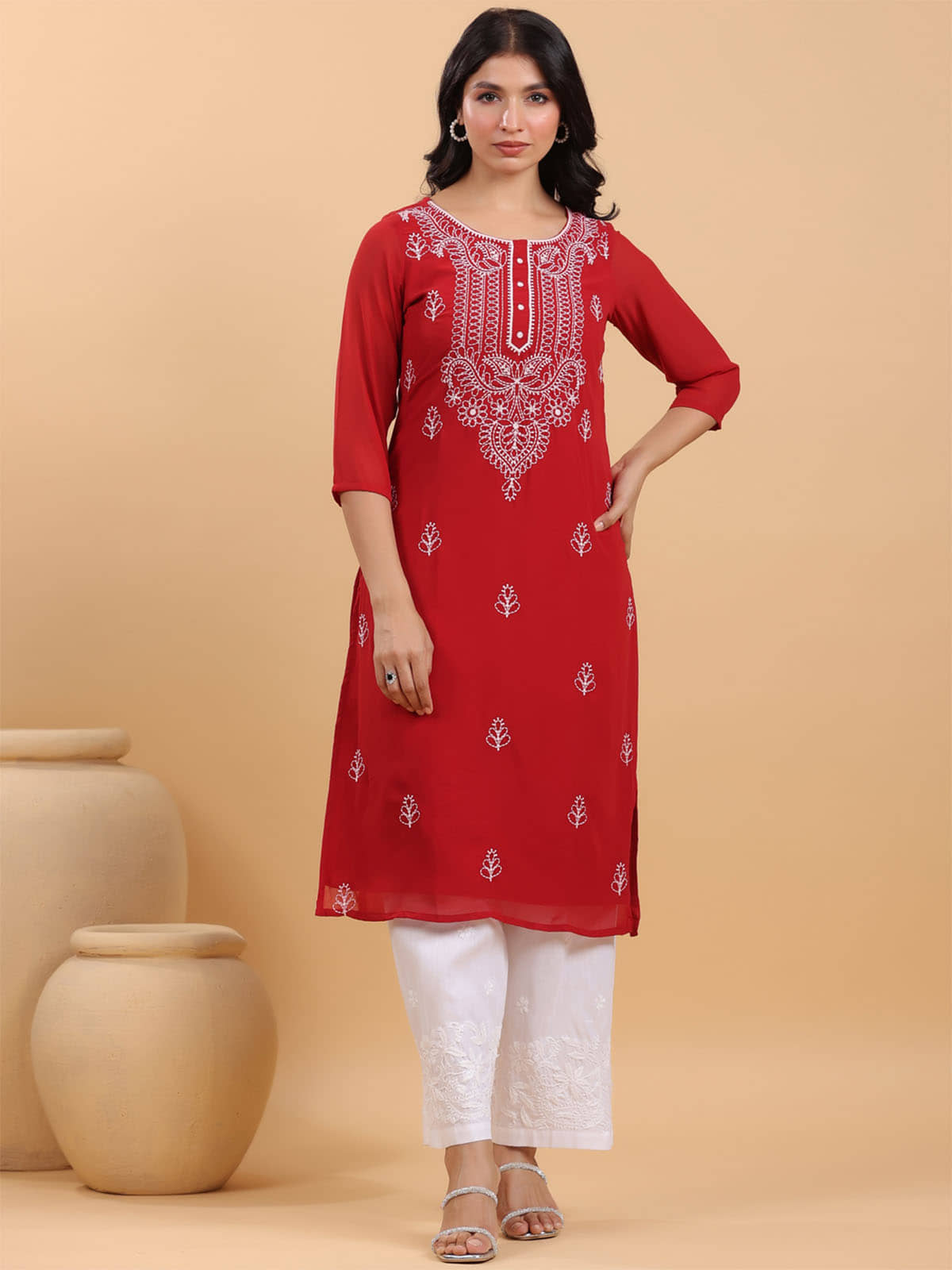 Janasya Pack of 1 Georgette Embroidered Straight Women's Kurti - ( Maroon ) - Kurtis, Tunics | Buy online on ZillyBuy