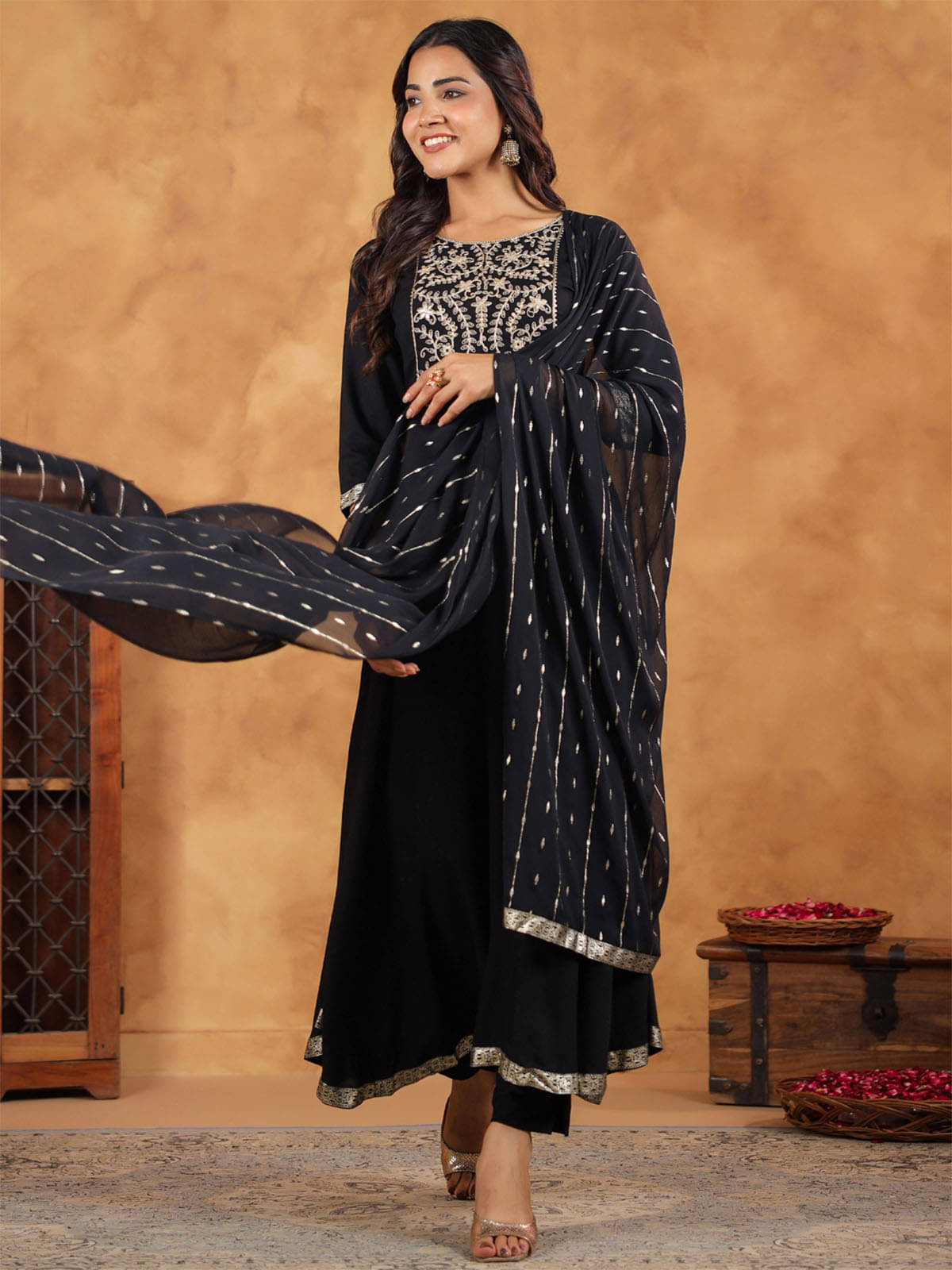    			Janasya Rayon Embroidered Kurti With Pants Women's Stitched Salwar Suit - Black ( Pack of 1 )