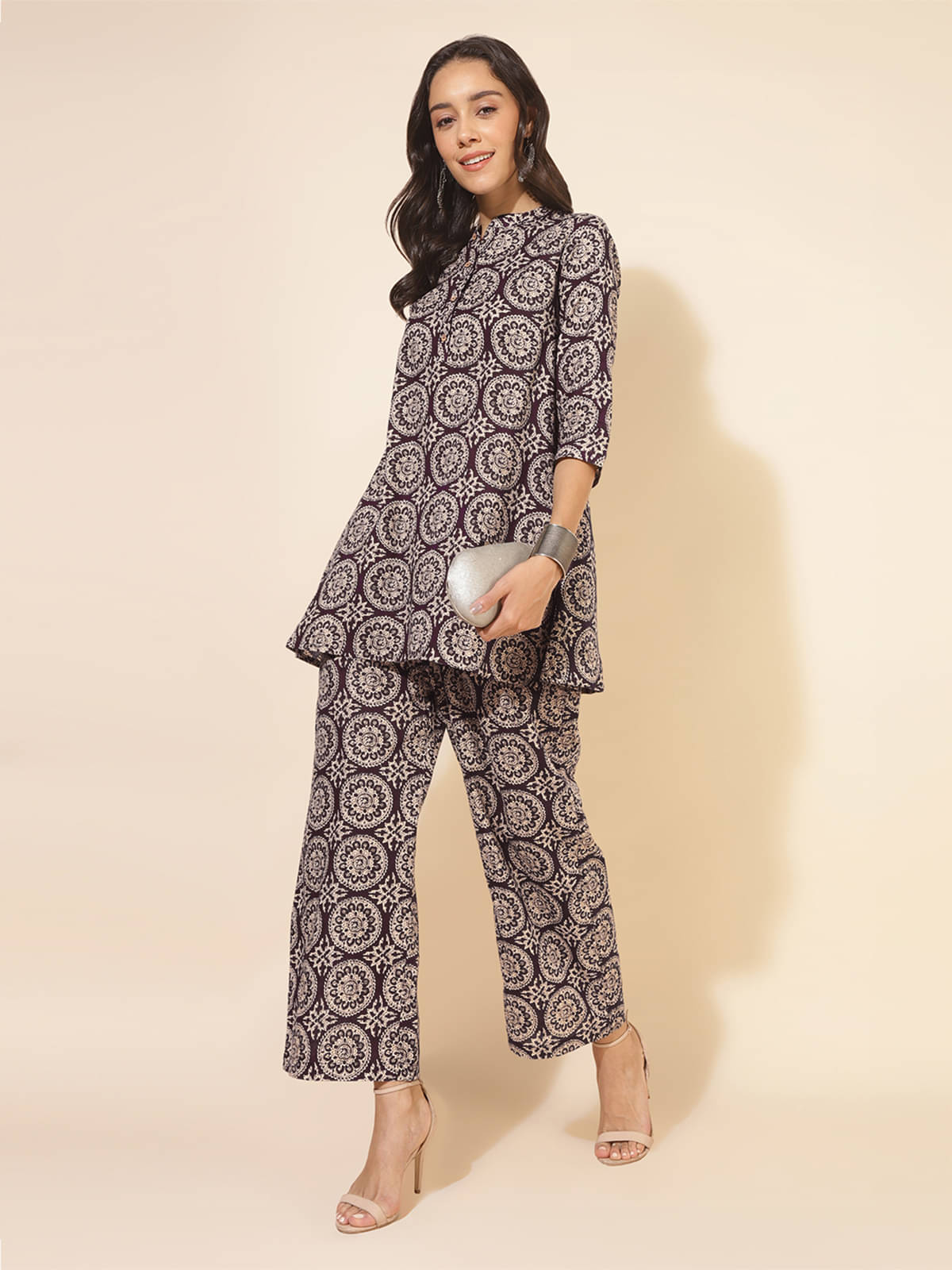     			Janasya Women Printed Kurta With Palazzos Co-Ord Set ( Wine )