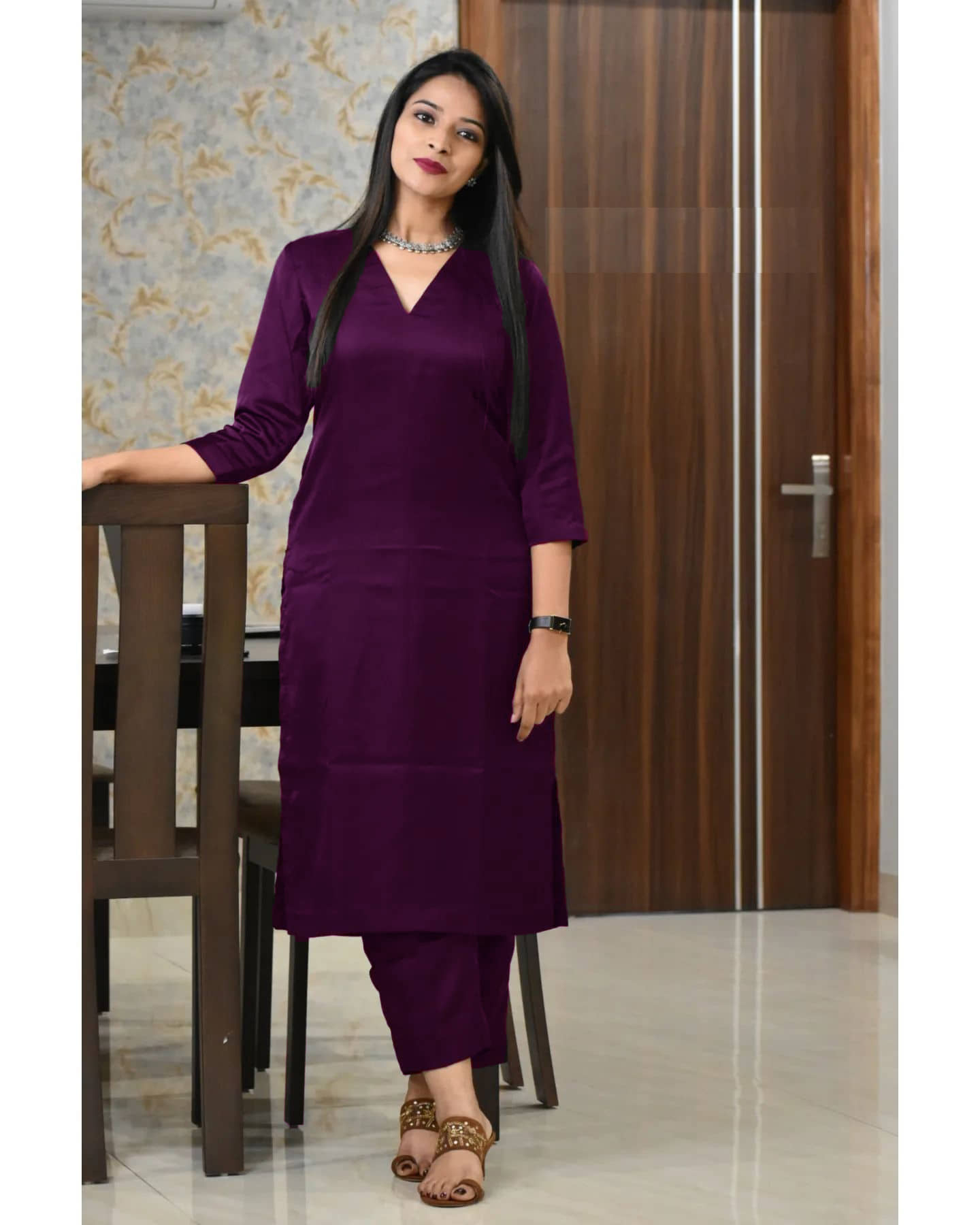 Nirja Fab Women Cotton Blend Solid Straight Kurti With Pants ( Wine )