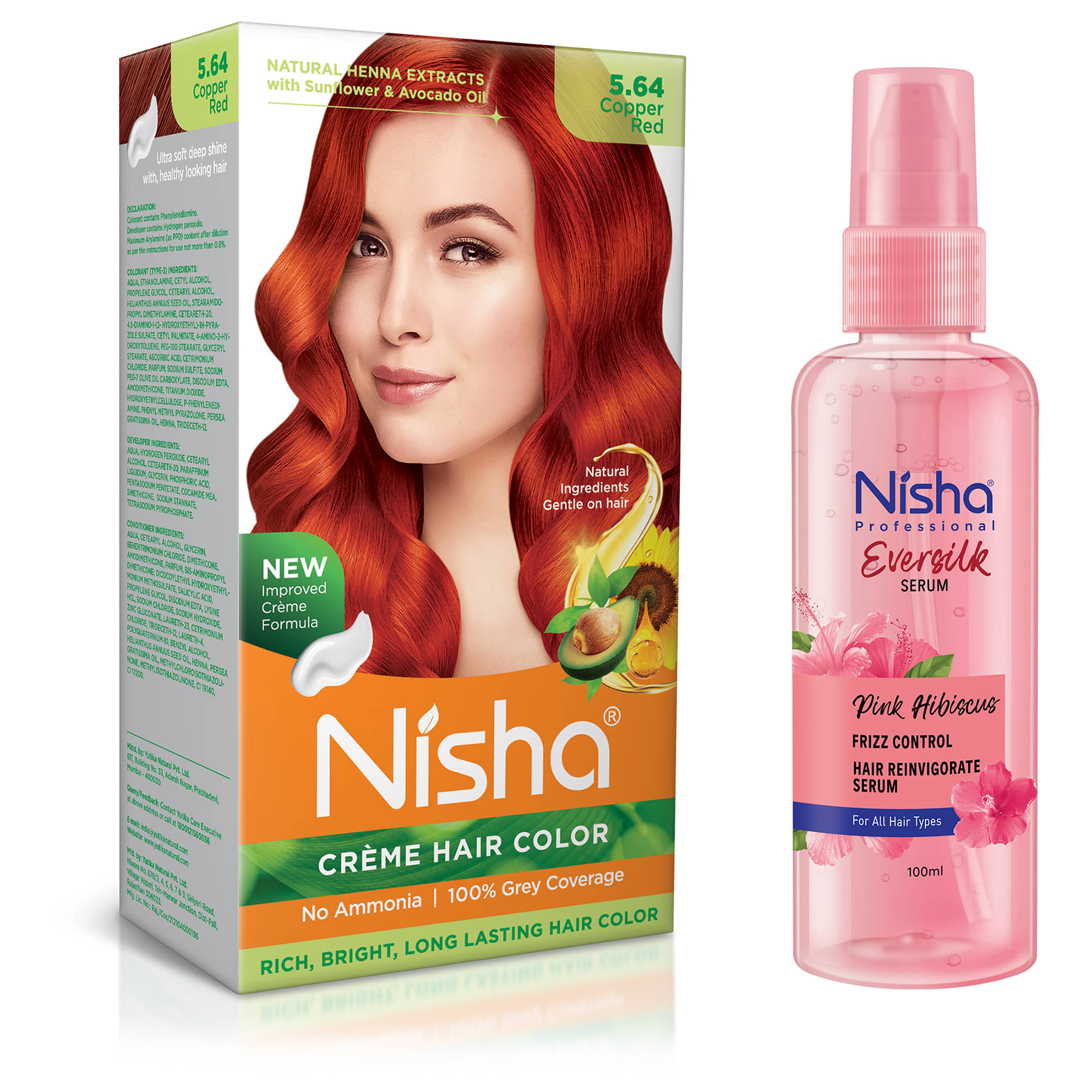 Nisha Creme Hair Color Copper Red 120g and Pink Hibiscus Hair Serum 100ml, Hair Colour with Frizz Control Hair Serum     			Nisha Creme Hair Color Copper Red 120g and Pink Hibiscus Hair Serum 100ml, Hair Colour with Frizz Control Hair Serum