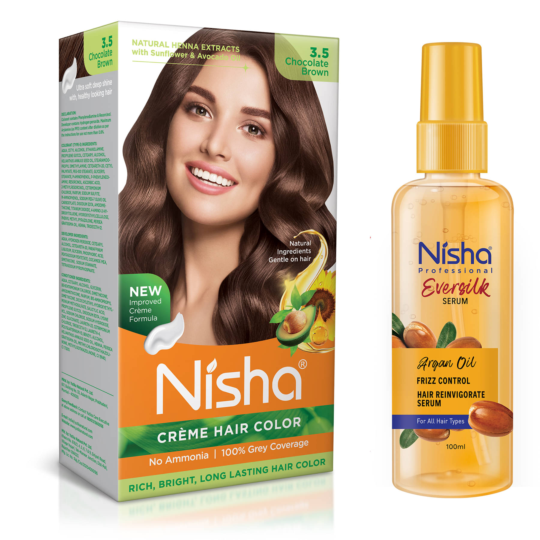     			Nisha Creme Hair Color Chocolate Brown 120g and Argan Oil Hair Serum 100ml, Permanent Hair Colour with Argan Hair Serum