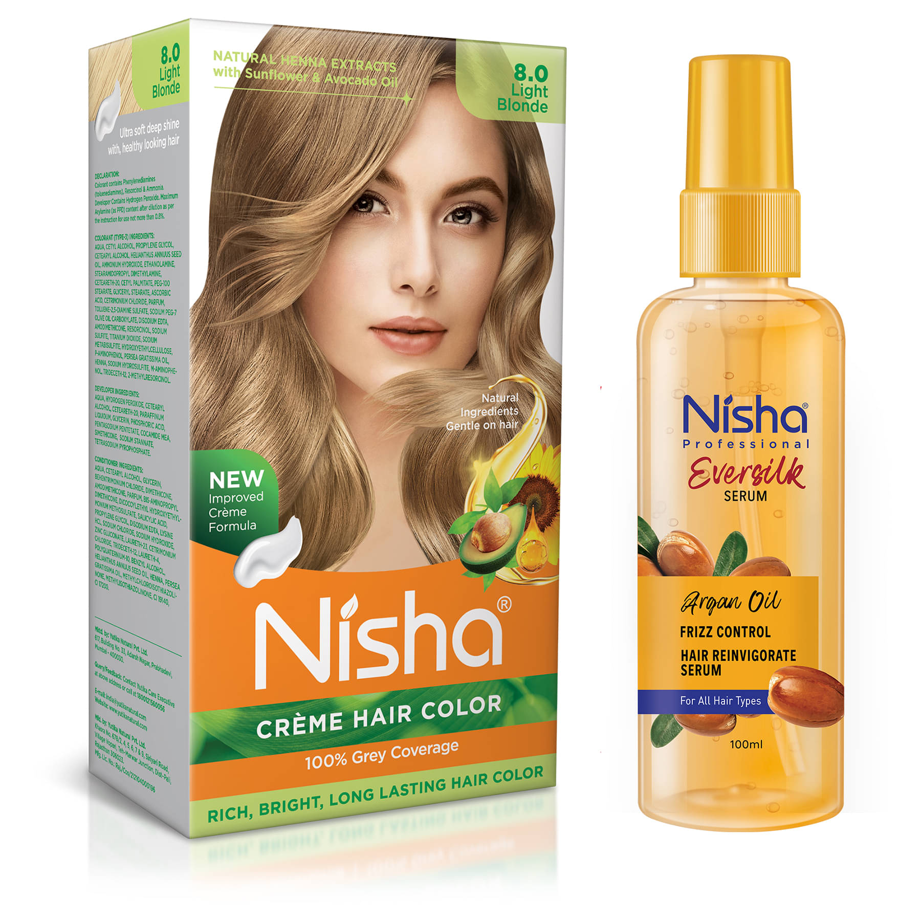 Nisha Creme Hair Color Light Blonde 120g and Argan Oil Hair Serum 100ml, Permanent Hair Colour with Argan Hair Serum Nisha Creme Hair Color Light Blonde 120g and Argan Oil Hair Serum 100ml, Permanent Hair Colour with Argan Hair Serum