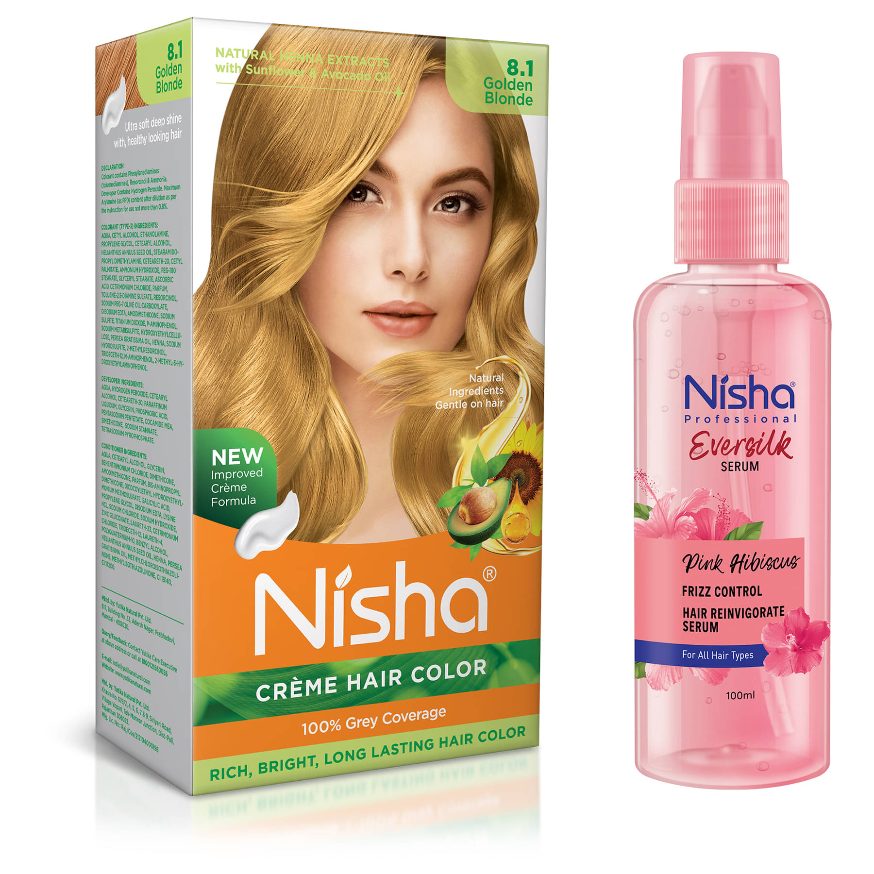 Nisha Creme Hair Color Golden Blonde 120g and Pink Hibiscus Hair Serum 100ml, Hair Colour with Frizz Control Hair Serum Nisha Creme Hair Color Golden Blonde 120g and Pink Hibiscus Hair Serum 100ml, Hair Colour with Frizz Control Hair Serum