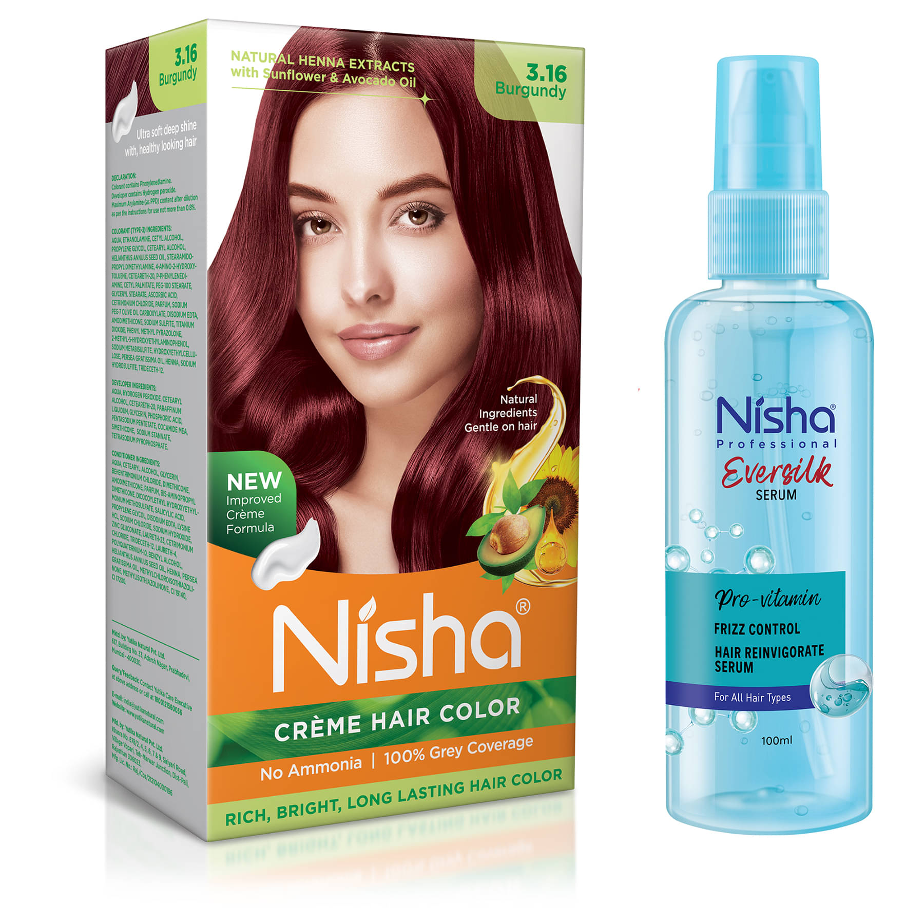 Nisha Creme Hair Color Burgundy 120g and Pro Vitamin Hair Serum 100ml, Hair Colour with Frizz Control Hair Serum     			Nisha Creme Hair Color Burgundy 120g and Pro Vitamin Hair Serum 100ml, Hair Colour with Frizz Control Hair Serum