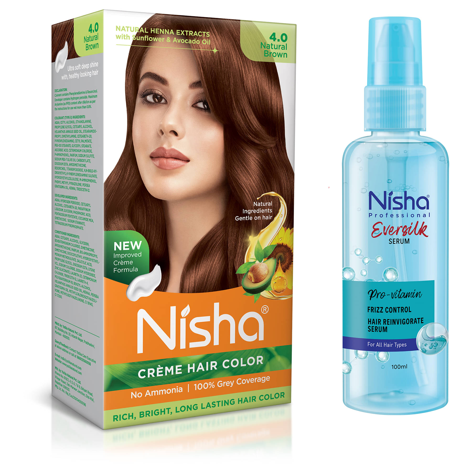 Nisha Creme Hair Color Natural Brown 120g and Pro Vitamin Hair Serum 100ml, Hair Colour with Frizz Control Hair Serum Nisha Creme Hair Color Natural Brown 120g and Pro Vitamin Hair Serum 100ml, Hair Colour with Frizz Control Hair Serum