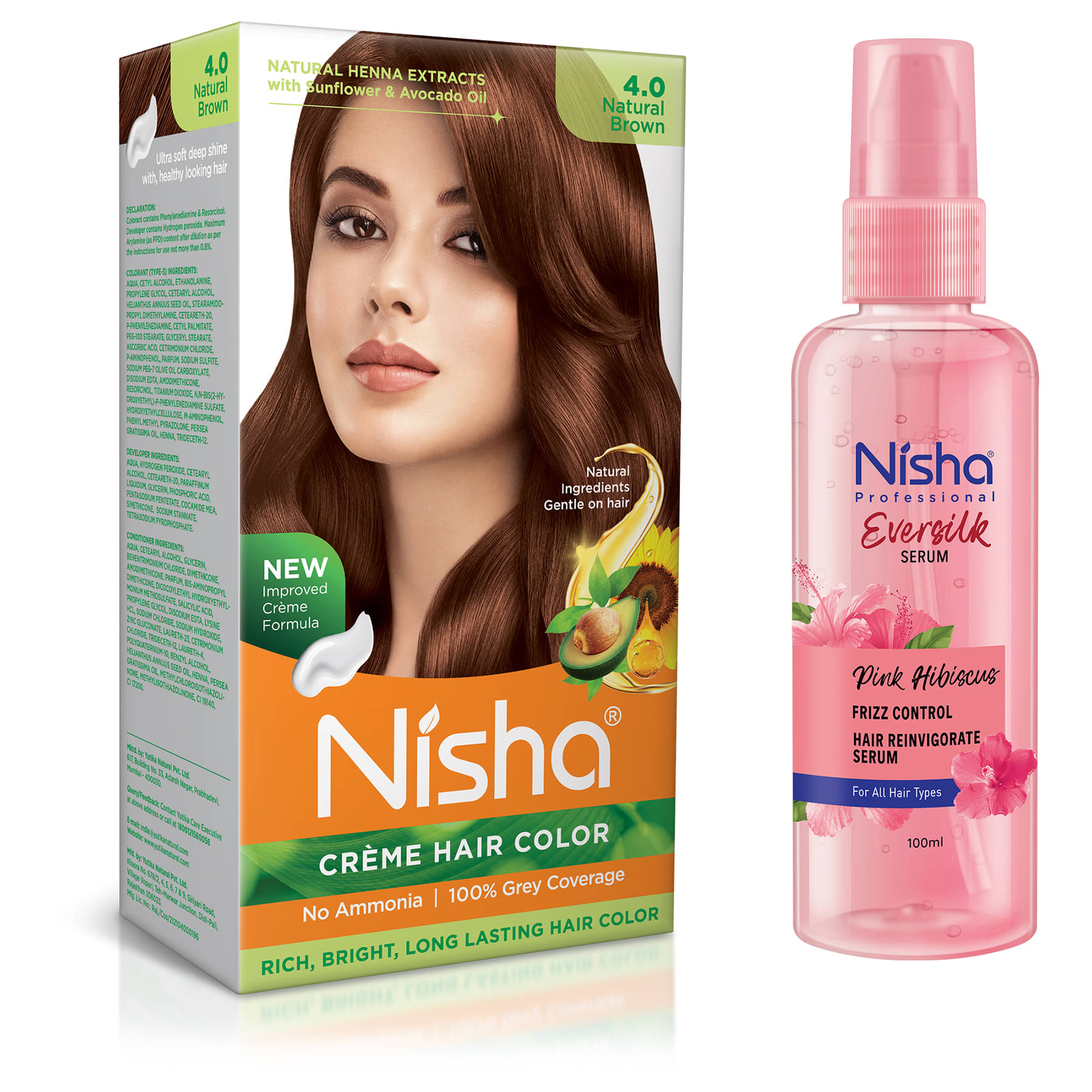 Nisha Creme Hair Color Natural Brown 120g and Pink Hibiscus Hair Serum 100ml, Hair Colour with Frizz Control Hair Serum Nisha Creme Hair Color Natural Brown 120g and Pink Hibiscus Hair Serum 100ml, Hair Colour with Frizz Control Hair Serum