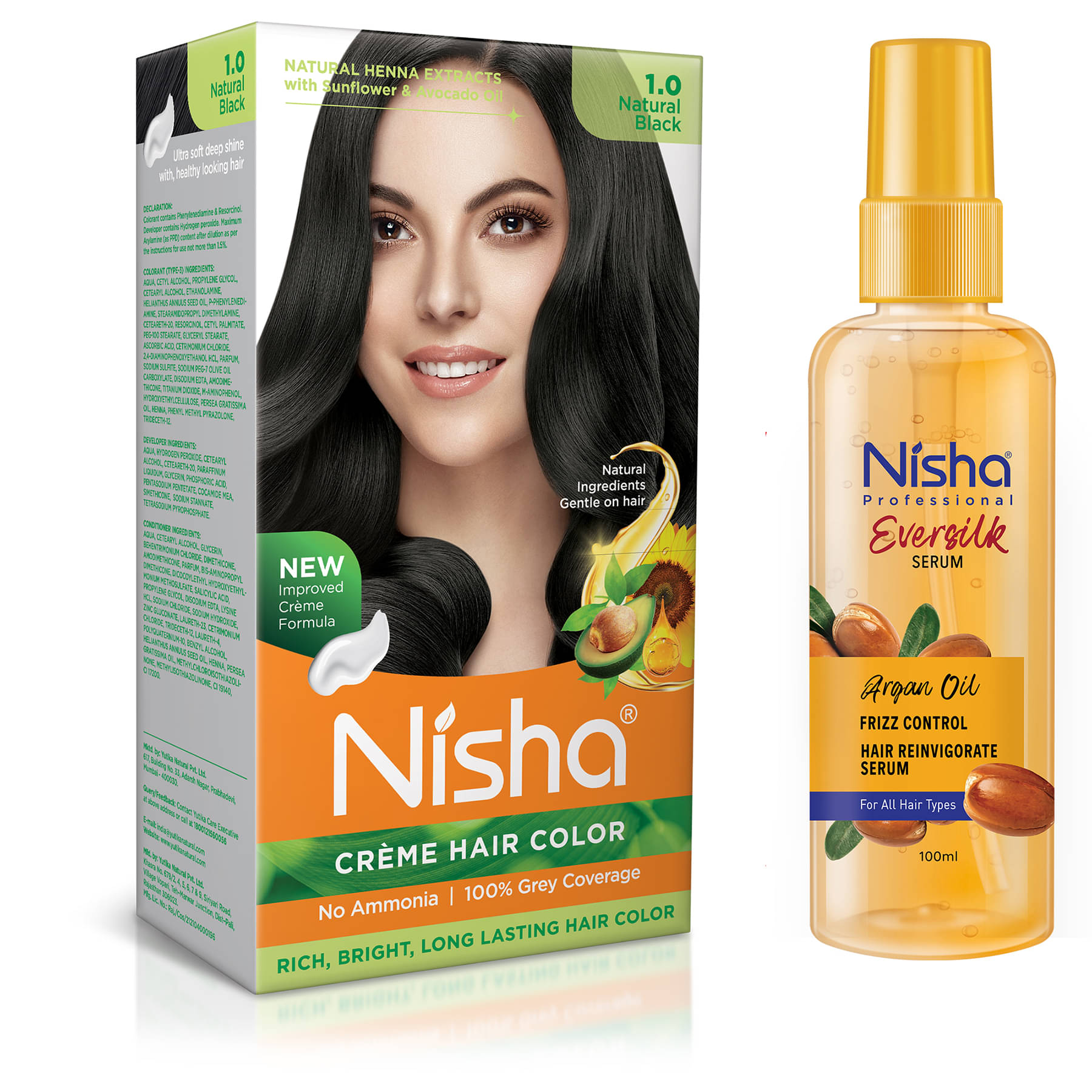 Nisha Creme Hair Color Natural Black 120g and Argan Oil Hair Serum 100ml, Permanent Hair Colour with Argan Hair Serum Nisha Creme Hair Color Natural Black 120g and Argan Oil Hair Serum 100ml, Permanent Hair Colour with Argan Hair Serum