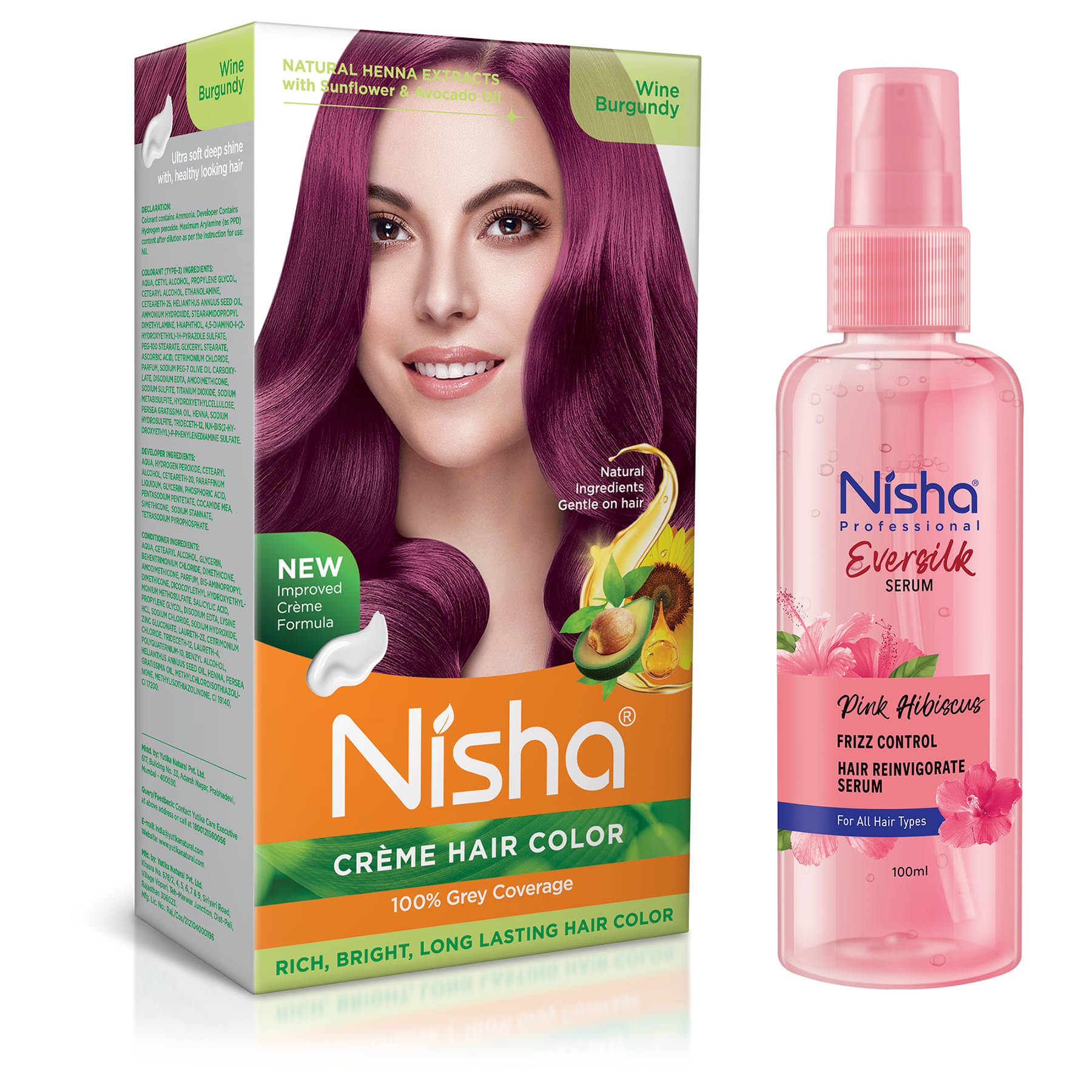     			Nisha Creme Hair Color Wine Burgundy 120g and Pink Hibiscus Hair Serum 100ml, Hair Colour with Frizz Control Hair Serum