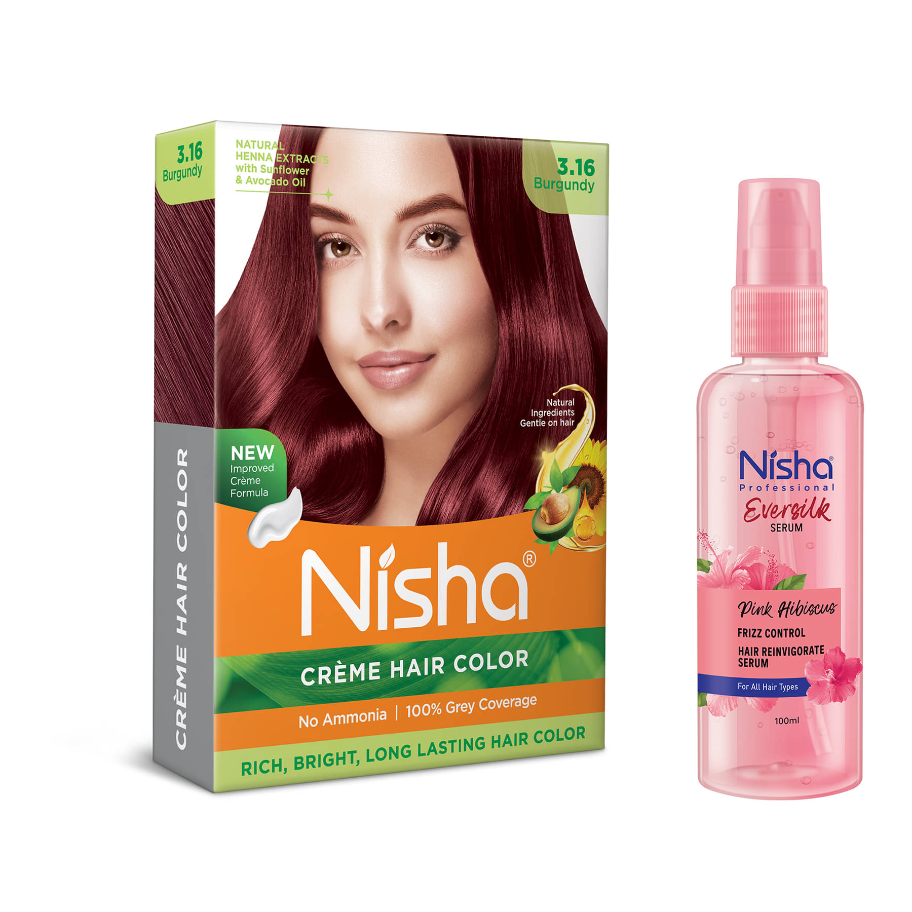     			Nisha Creme Hair Color Burgundy 40g and Pink Hibiscus Hair Serum 100ml, Hair Colour with Frizz Control Hair Serum