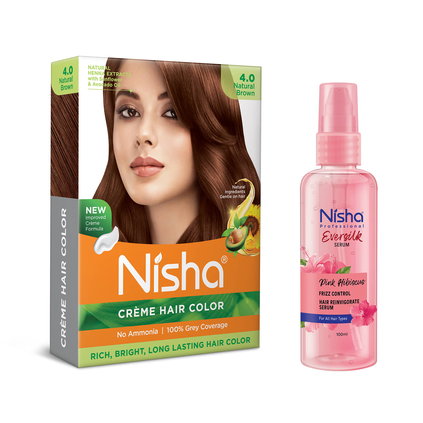     			Nisha Creme Hair Color Natural Brown 40g and Pink Hibiscus Hair Serum 100ml, Hair Colour with Frizz Control Hair Serum