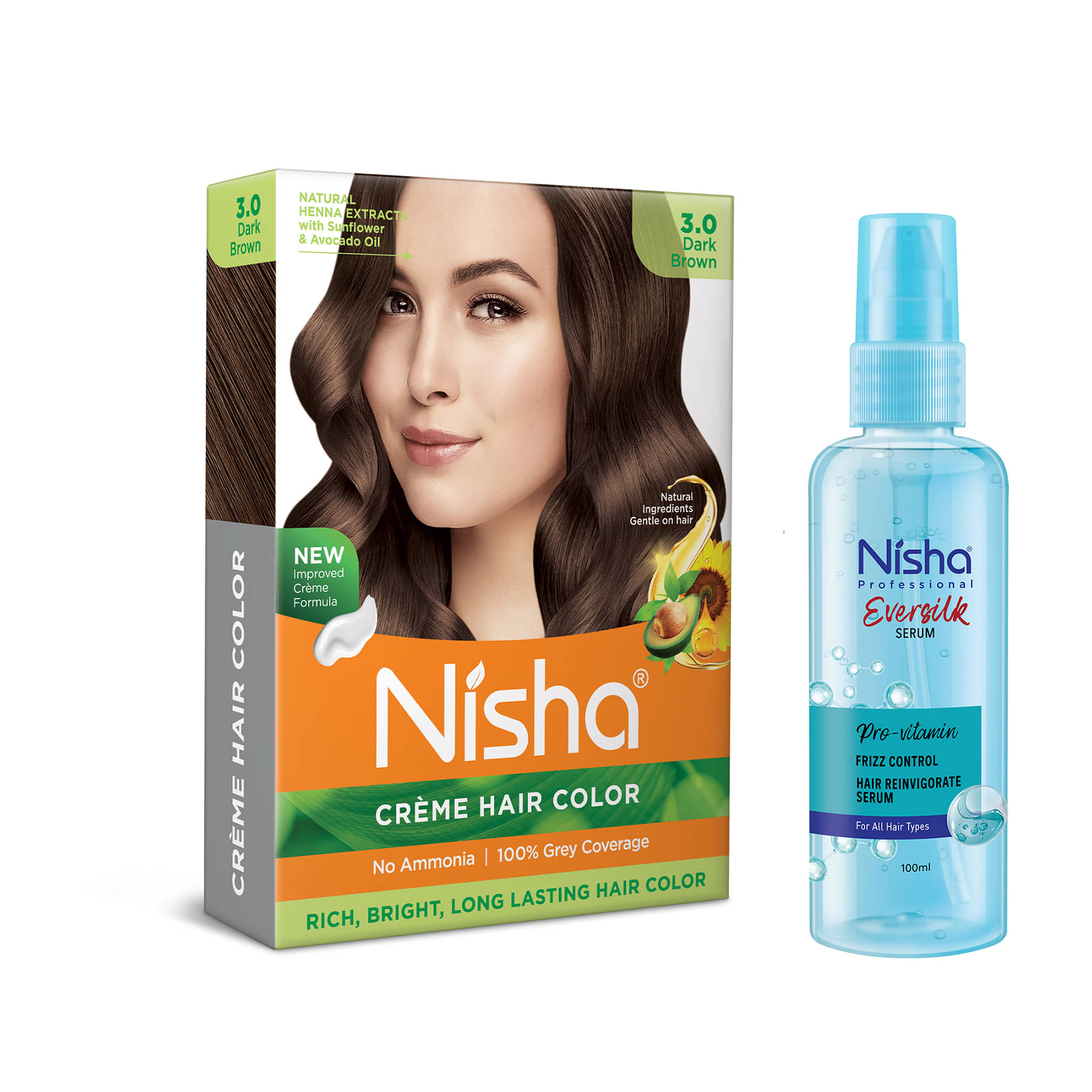 Nisha Creme Hair Color Dark Brown 40g and Pro Vitamin Hair Serum 100ml, Hair Colour with Frizz Control Hair Serum Nisha Creme Hair Color Dark Brown 40g and Pro Vitamin Hair Serum 100ml, Hair Colour with Frizz Control Hair Serum