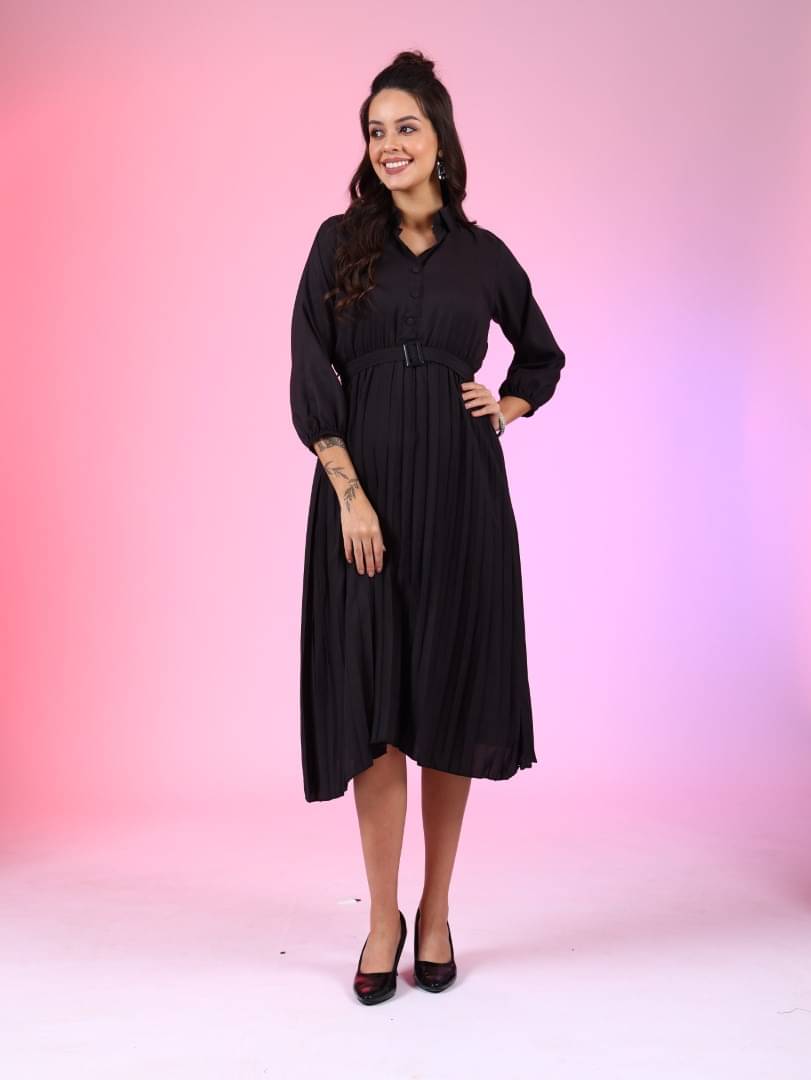 RAIYANI FASHION Women Polyester Solid Fit & Flare Dress ( Black )     			RAIYANI FASHION Women Polyester Solid Fit & Flare Dress ( Black )