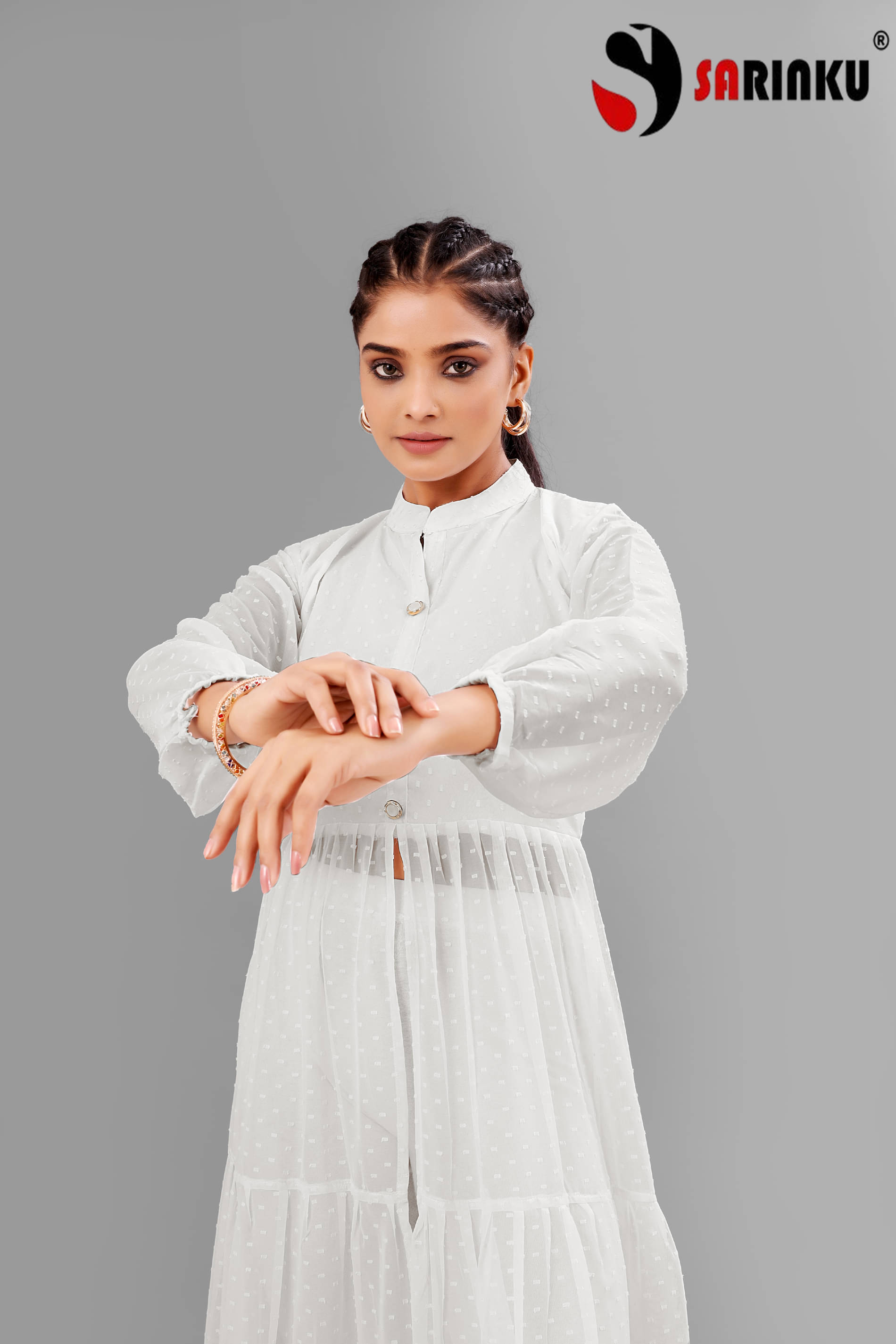 SARINKU Pack of 1 Georgette Self Design Anarkali Women's Kurti - ( White ) SARINKU Pack of 1 Georgette Self Design Anarkali Women's Kurti - ( White )