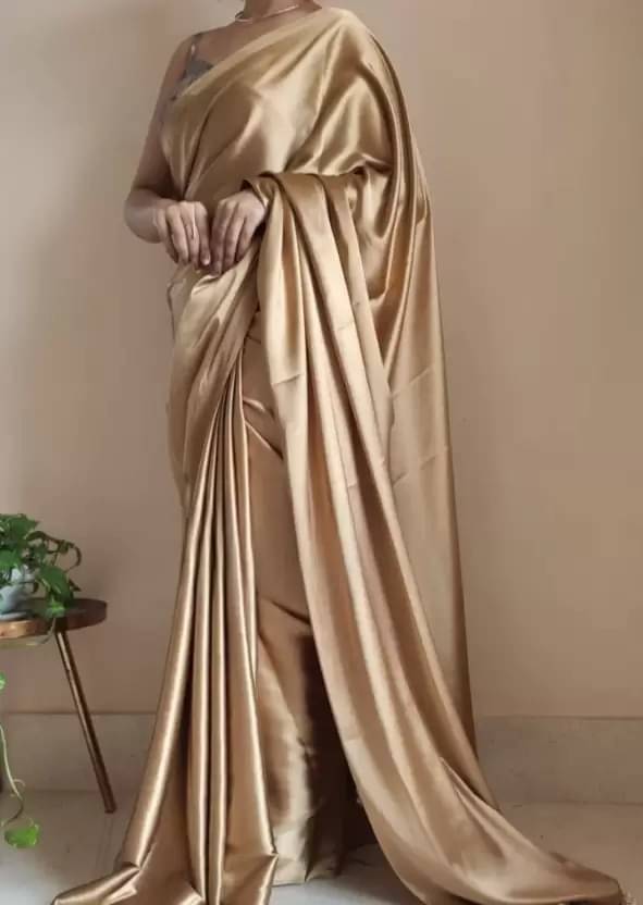 Saadhvi Satin Solid Saree With Unstitched Blouse Piece ( Gold ) Saadhvi Satin Solid Saree With Unstitched Blouse Piece ( Gold )