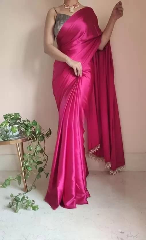 Samai Satin Solid Saree With Unstitched Blouse Piece ( Rani ) Samai Satin Solid Saree With Unstitched Blouse Piece ( Rani )