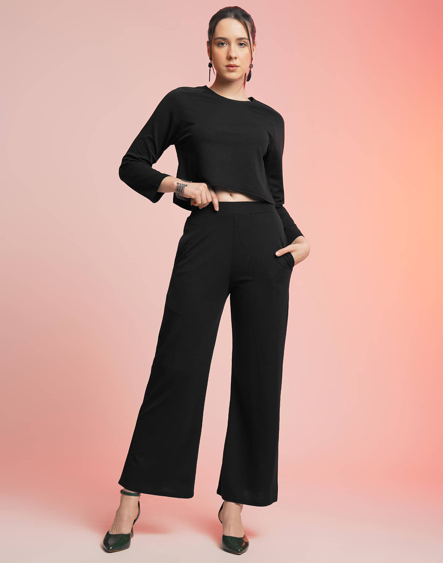     			Selvia Women Solid Top With Trousers Co-Ord Set ( Black )