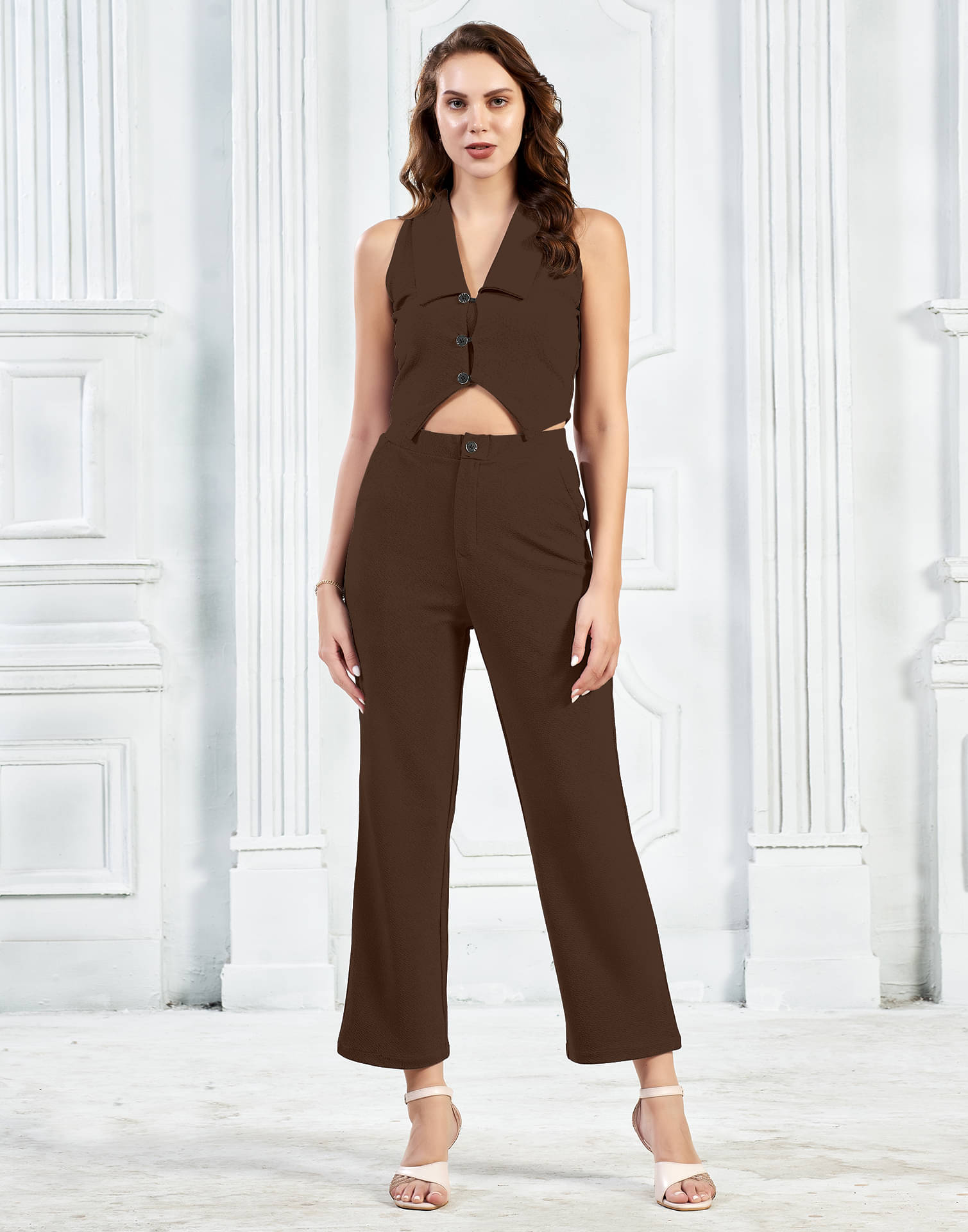     			Selvia Women Solid Top With Trousers Co-Ord Set ( Brown )