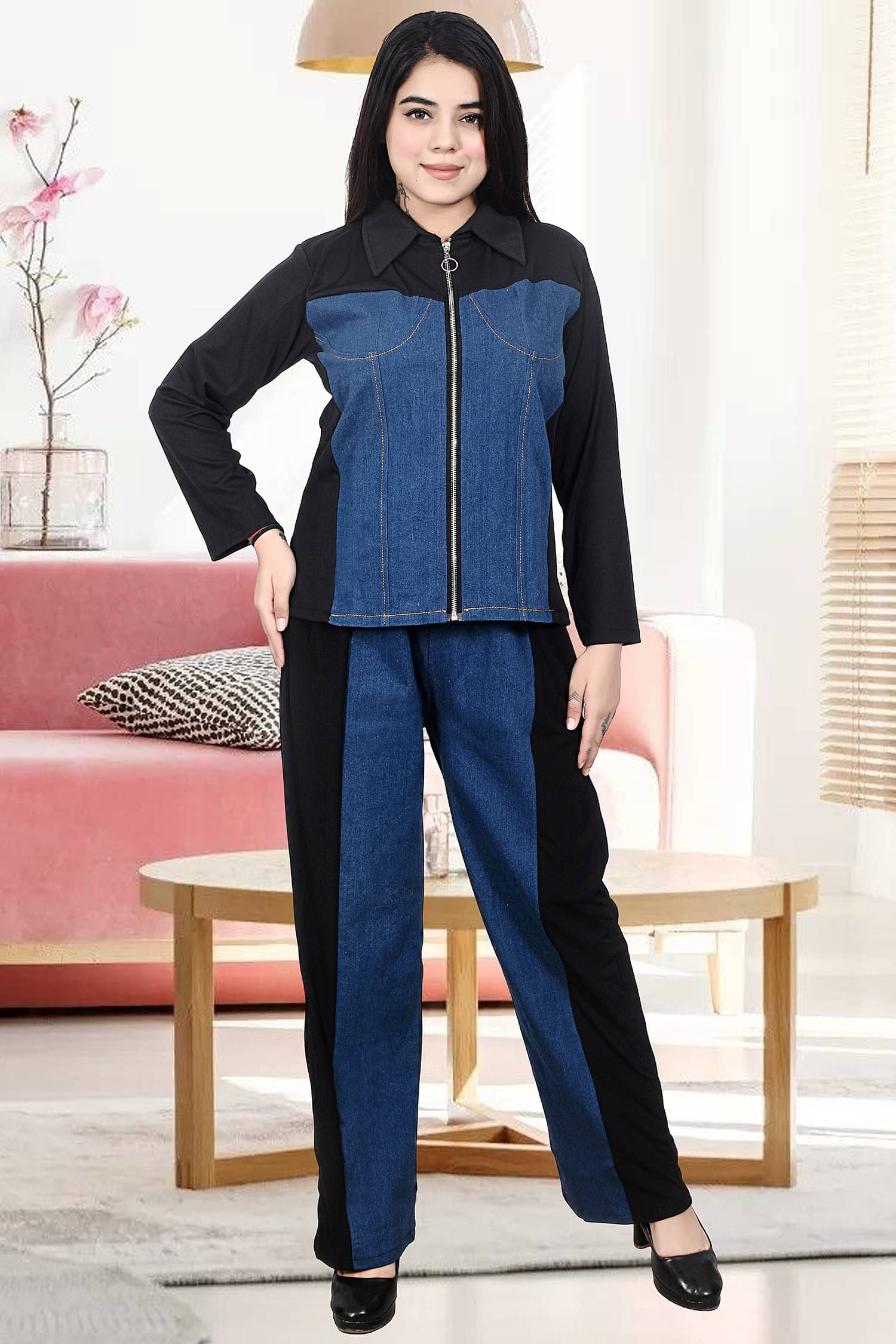     			Shopeleven Women Solid Shirt With Palazzos Co-Ord Set ( Navy Blue )