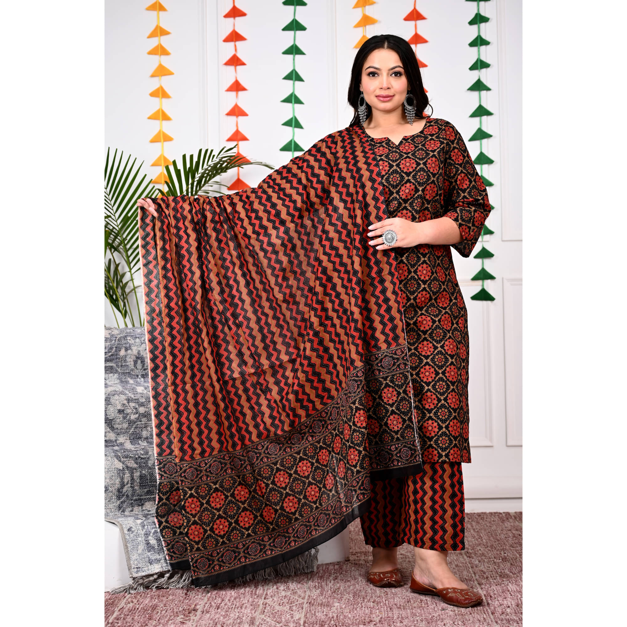 Swasti Cotton Printed Kurti With Palazzo Women's Stitched Salwar Suit - Black ( Pack of 1 ) Swasti Cotton Printed Kurti With Palazzo Women's Stitched Salwar Suit - Black ( Pack of 1 )