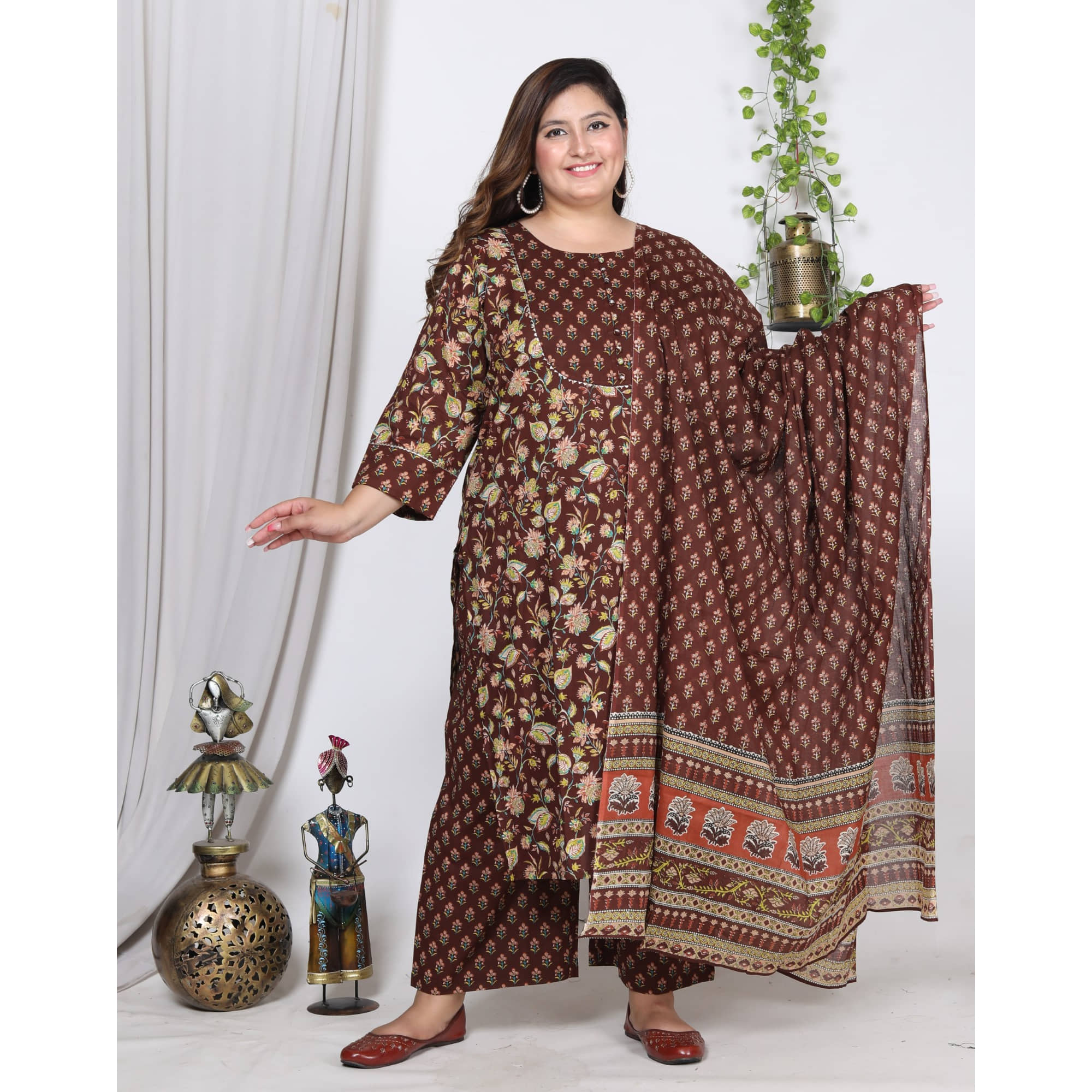 Swasti Cotton Printed Kurti With Palazzo Women's Stitched Salwar Suit - Brown ( Pack of 1 )