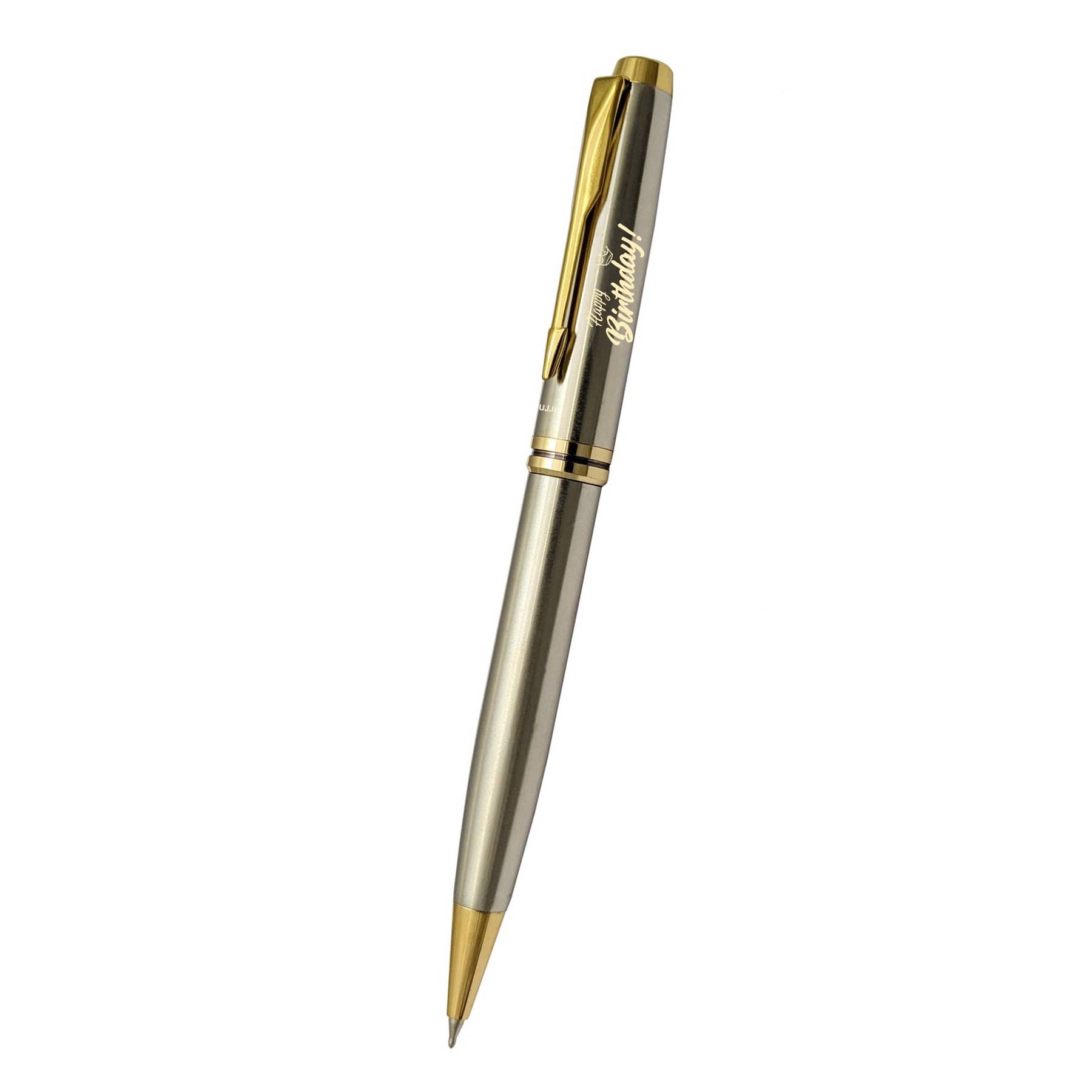 UJJi Happy Birthday Engraved Dull Chrome Platted with Golden Part Ball Pen UJJi Happy Birthday Engraved Dull Chrome Platted with Golden Part Ball Pen