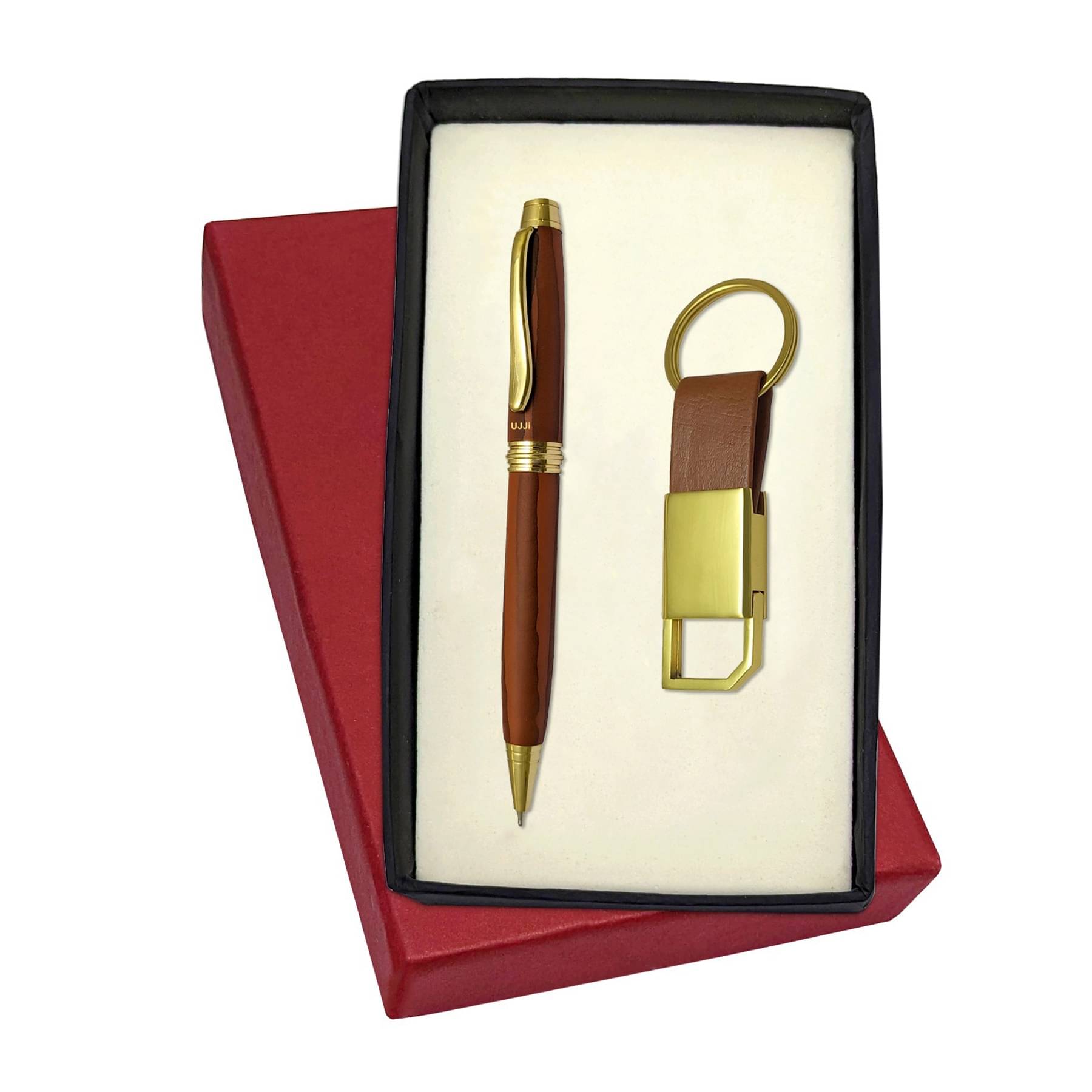 UJJi Wooden Design Pen in Brass Material with Hook Keychain and Pen Gift Set     			UJJi Wooden Design Pen in Brass Material with Hook Keychain and Pen Gift Set