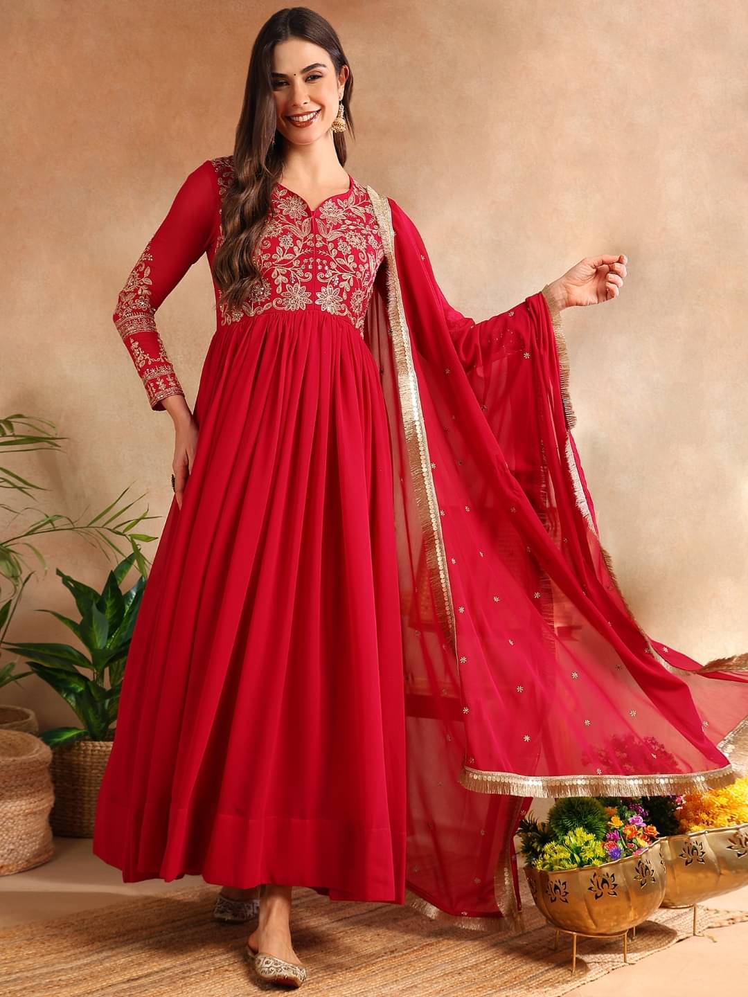 Vaamsi Pink Anarkali Georgette Women's Stitched Ethnic Gown ( Pack of 1 )     			Vaamsi Pink Anarkali Georgette Women's Stitched Ethnic Gown ( Pack of 1 )