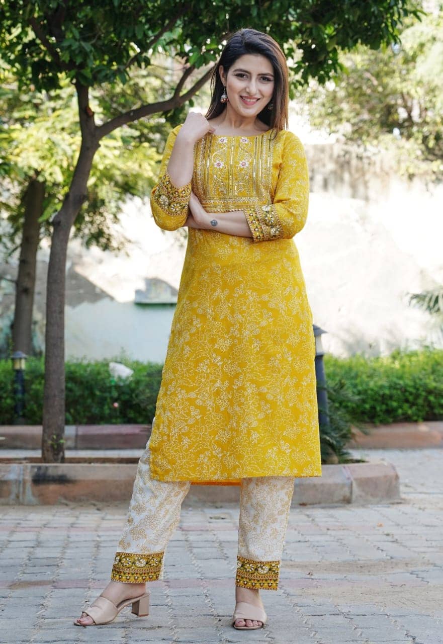 Vindyavasini Pack of 1 Rayon Embroidered Straight Women's Kurti - ( Yellow ) - Kurtis, Tunics | Buy online on ZillyBuy