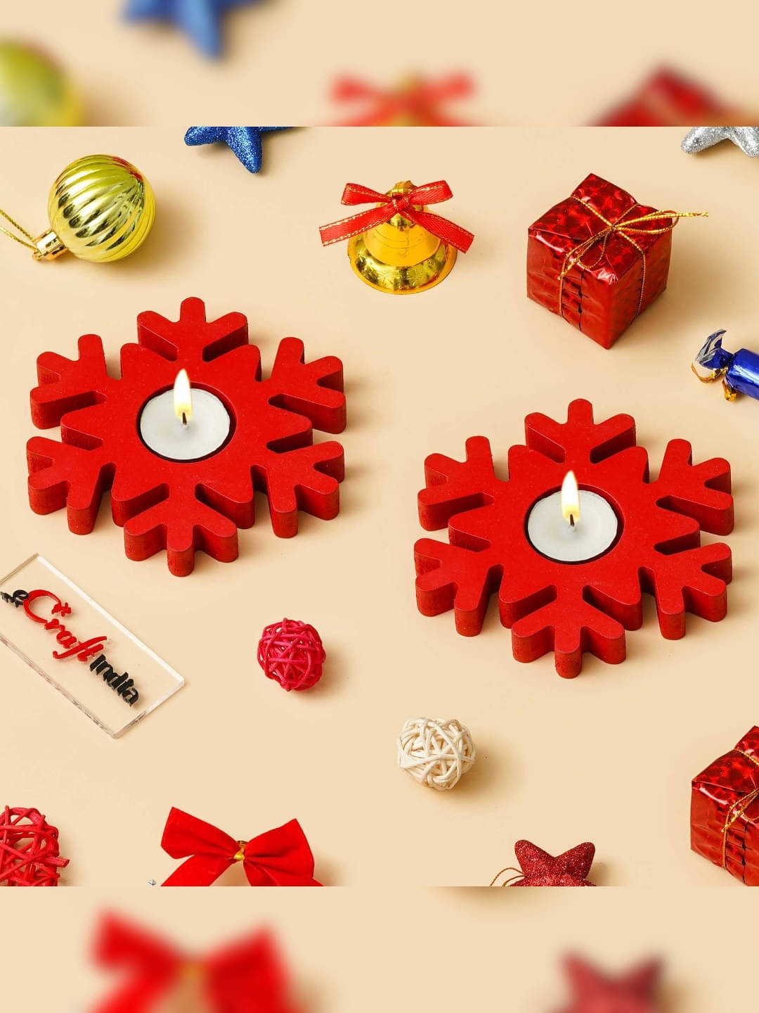 eCraftIndia Red 2 Pieces Wooden Christmas Snowflake Decorative Tea Light Candle Holders eCraftIndia Red 2 Pieces Wooden Christmas Snowflake Decorative Tea Light Candle Holders