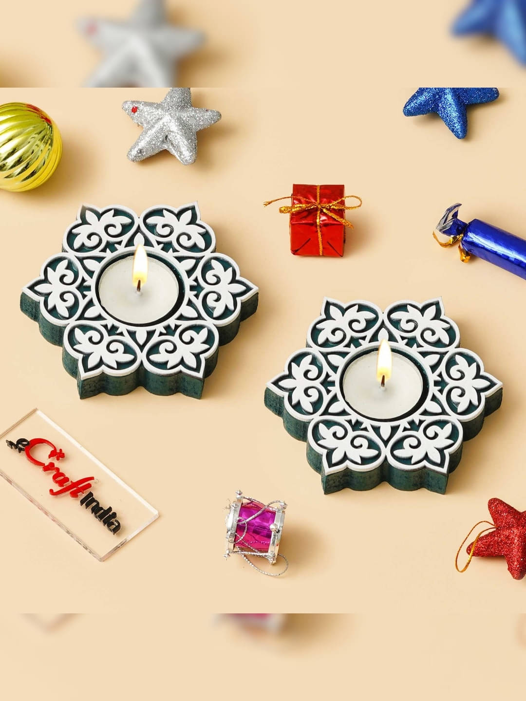 eCraftIndia Green 2 Pieces Wooden Floral Design Decorative Tea Light Candle Holder eCraftIndia Green 2 Pieces Wooden Floral Design Decorative Tea Light Candle Holder