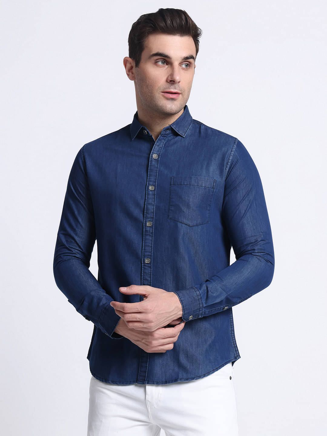     			plounge Denim Regular Fit Solids Full Sleeves Men's Casual Shirt - Blue ( Pack of 1 )